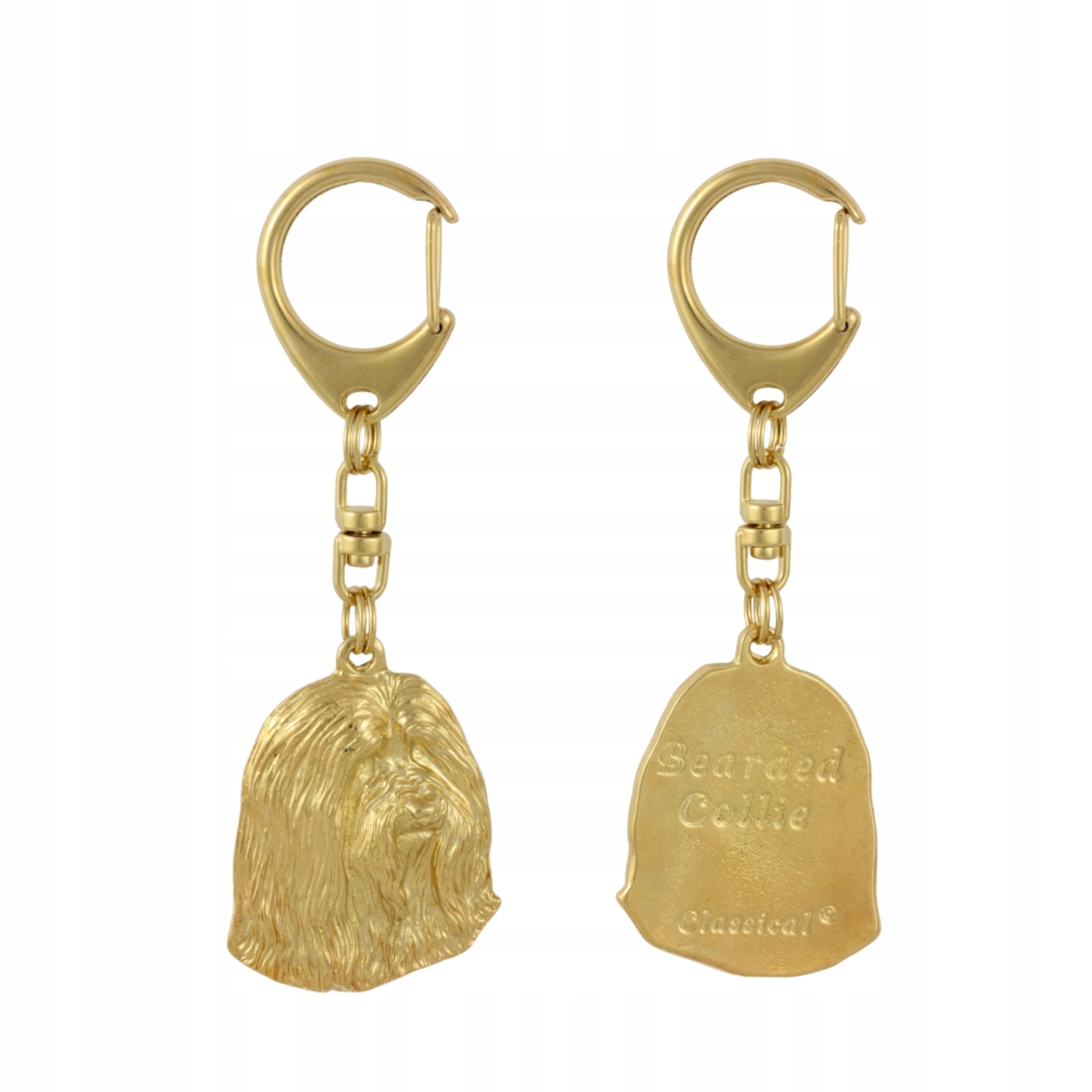 Bearded Collie, Highland Collie – pozlacený přívěsek na klíče na klíče se psem, ozdoba