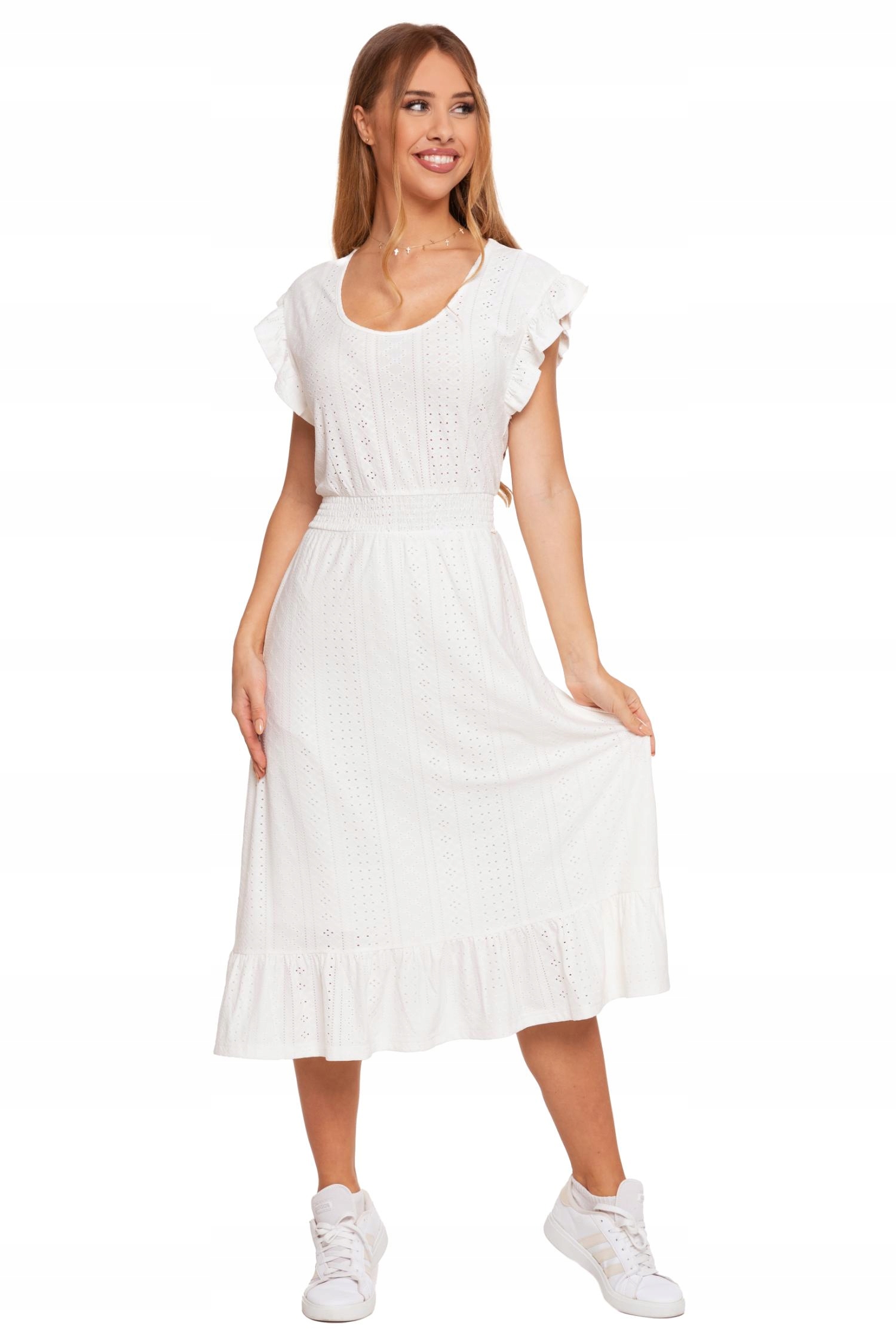 Sukienka Letnia Damska Ażurowa Midi Rozkloszowana Motylkowy Rękaw MORAJ L Marka Moraj