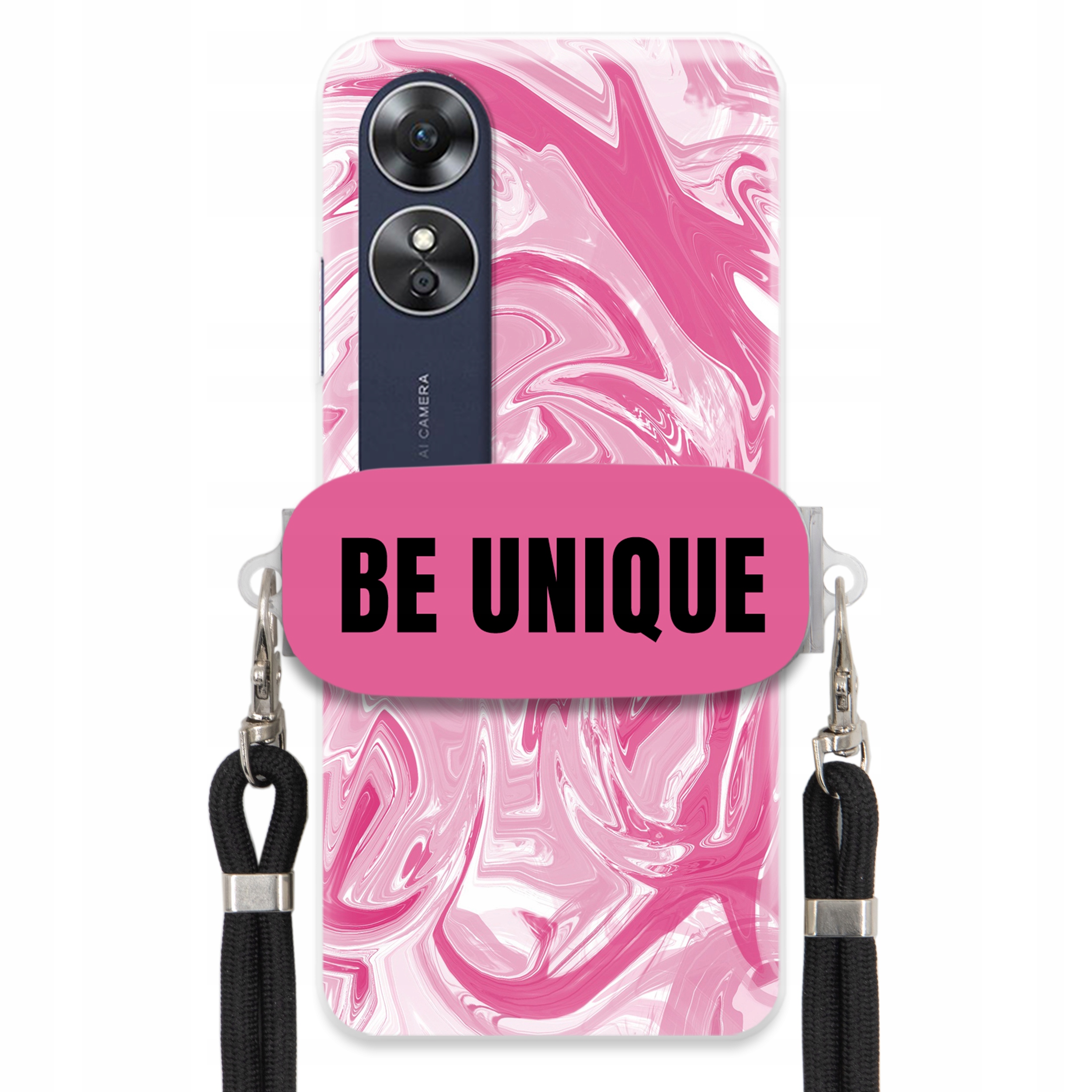 Puzdro pre Oppo A17 Puzdro držiak šnúrka Čierna ružová Mramor Unique
