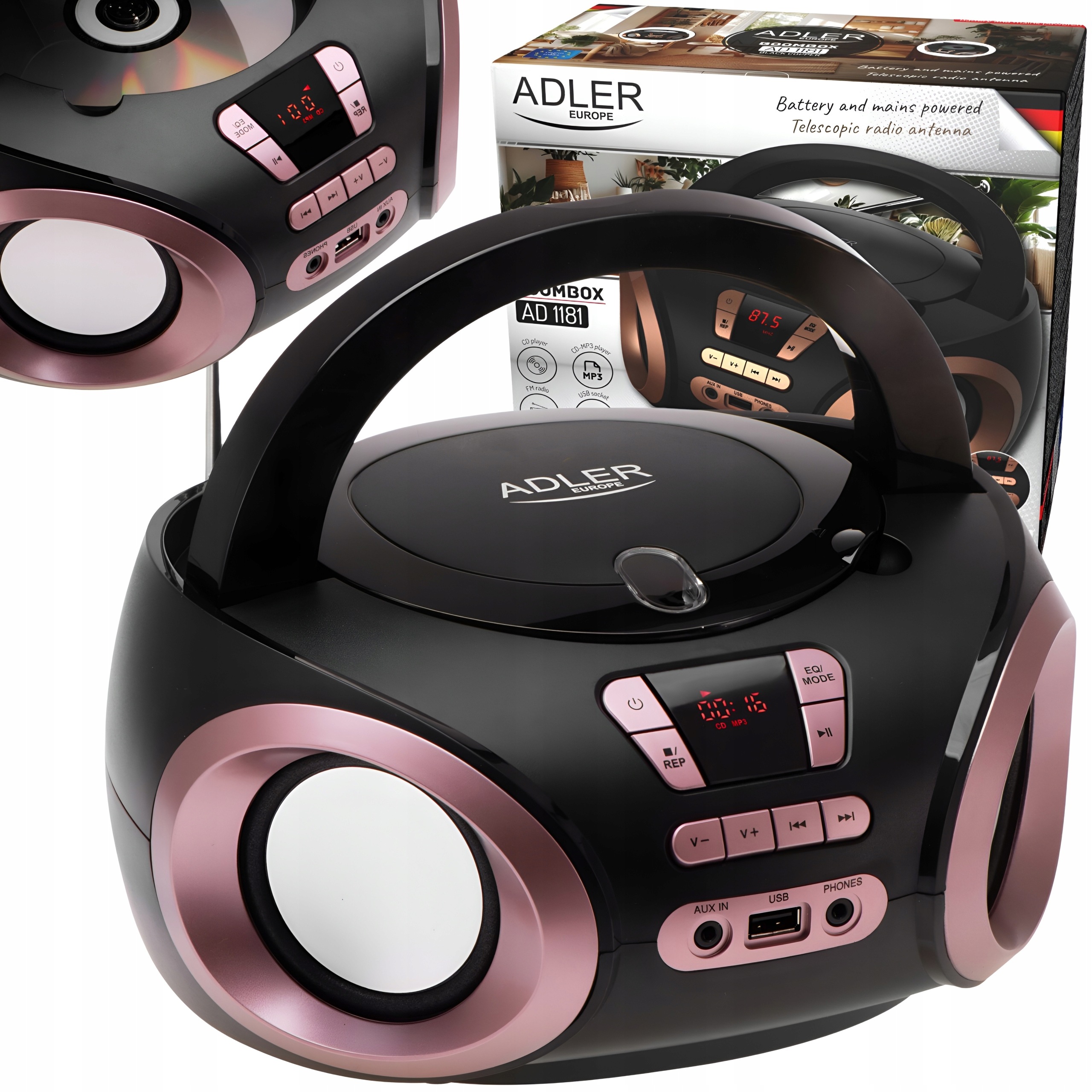 Radiopřehrávač Přenosný Boombox Rádio CD MP3 Usb Aux Ekvalizér zvuku