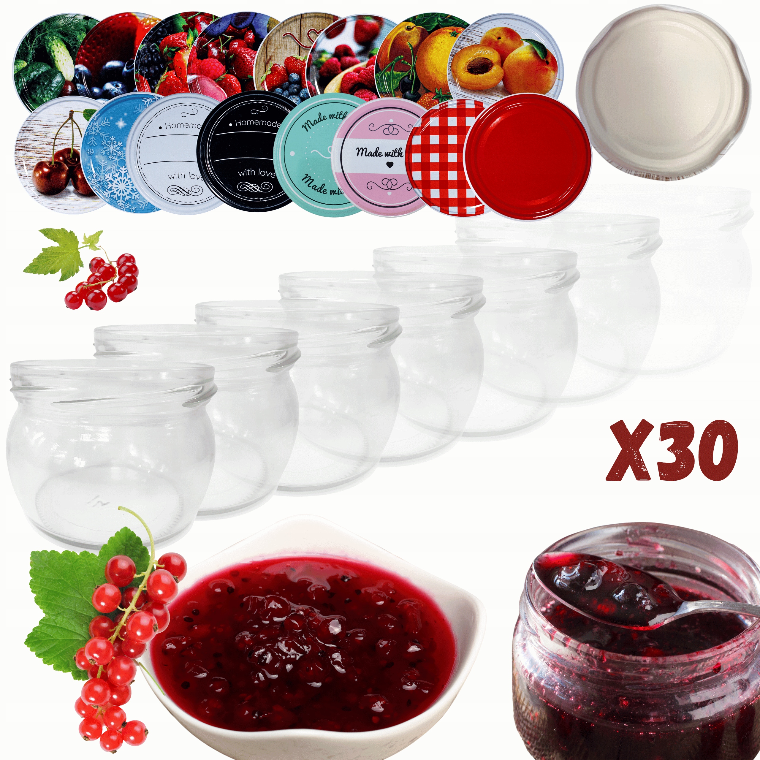 Sklenice 260 Ml 30 Kompletů s Víkem, džemy, džemy, koření, dezerty 82 mm