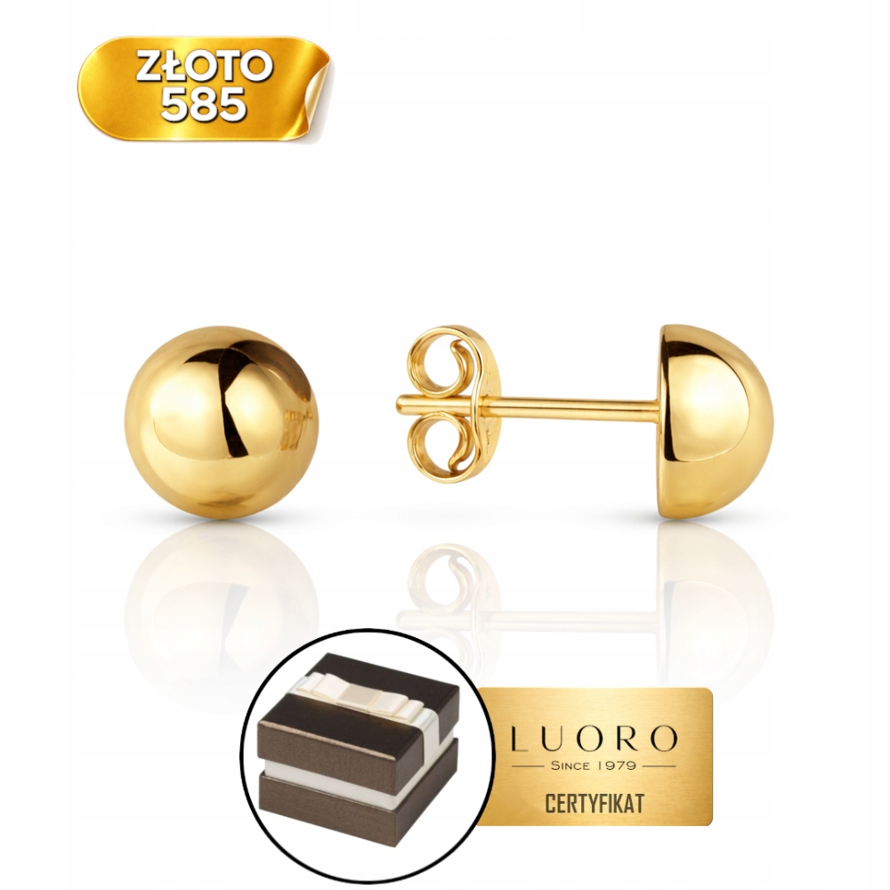 Zlaté Náušnice 585 14K Půl Kuličky 7MM Lehká Krabička Dárek Cert.