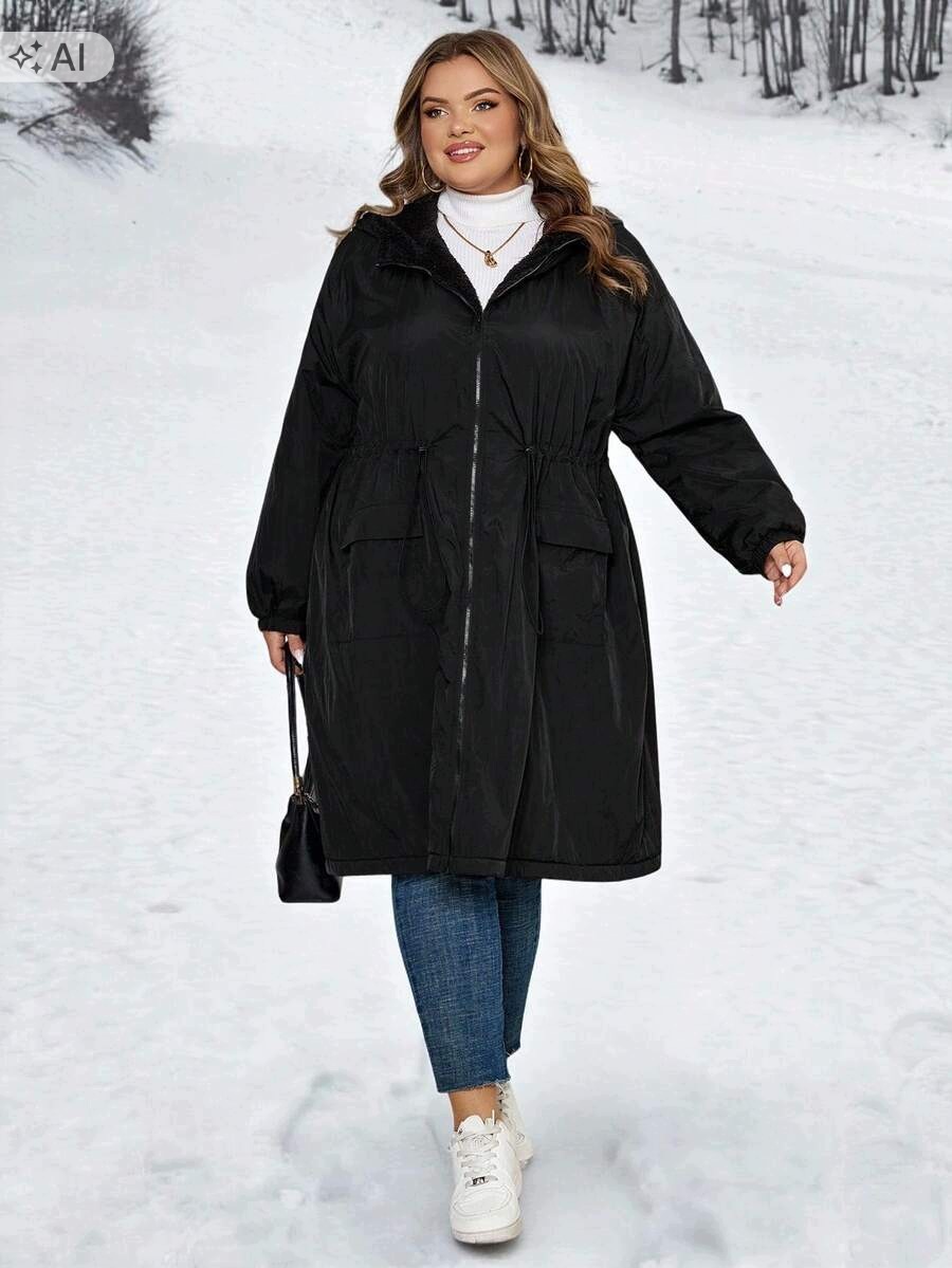 Shein Černý Zateplený Kabát S Kapucí A Podšívkou Plus Size 54 1
