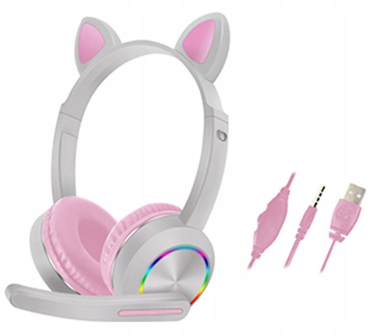 SŁUCHAWKI GAMINGOWE KOCIE USZY PODŚWIETLENIE RGB