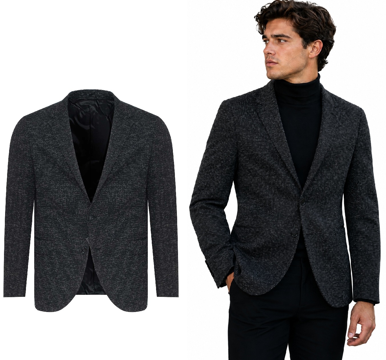 Sako černá melírovaná elegantní, jednořadá, ležérní, elegantní