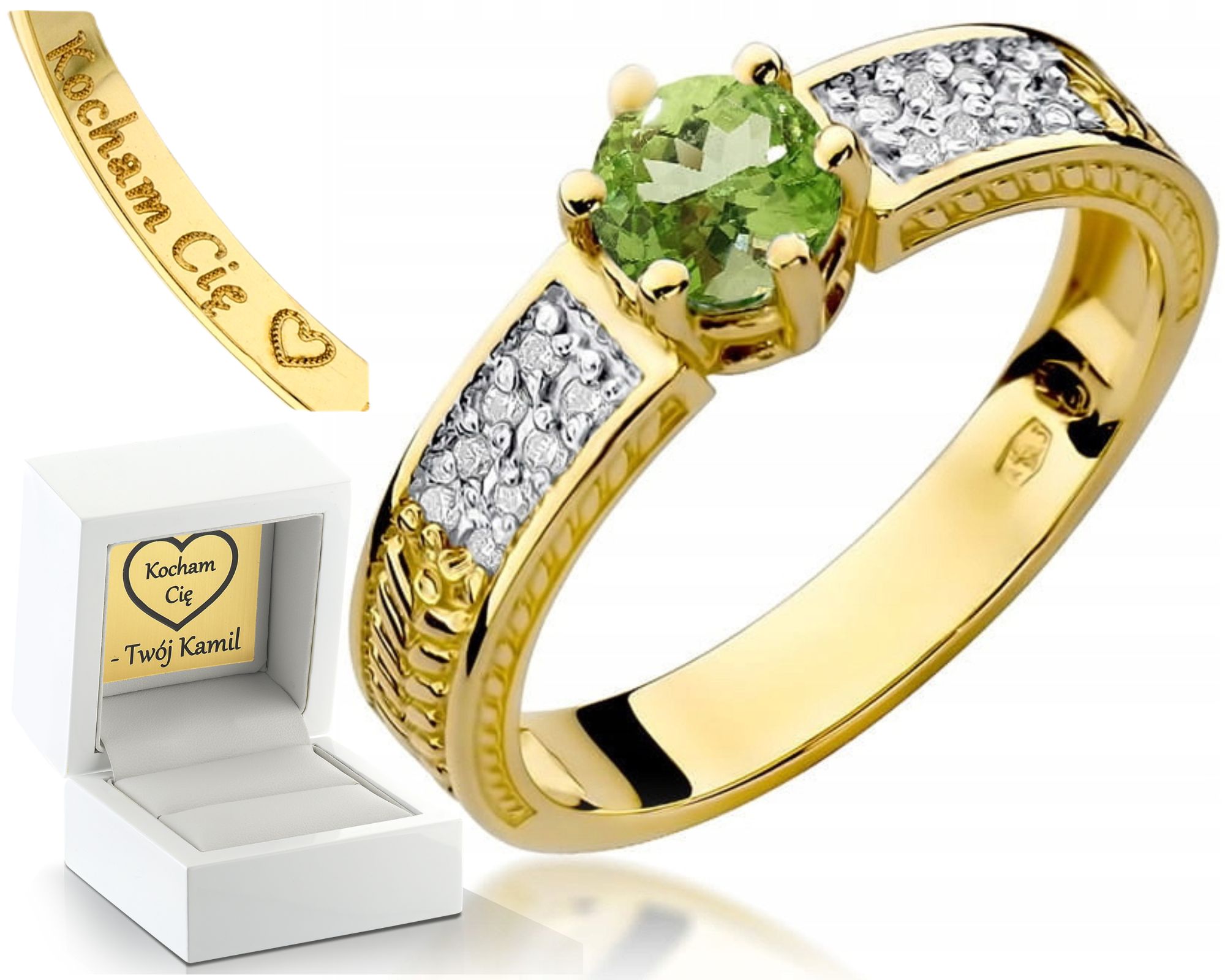 Zlatý Prstýnek Prsten S Peridotem A Diamanty, Gravírování Do Žlutého Zlata 585
