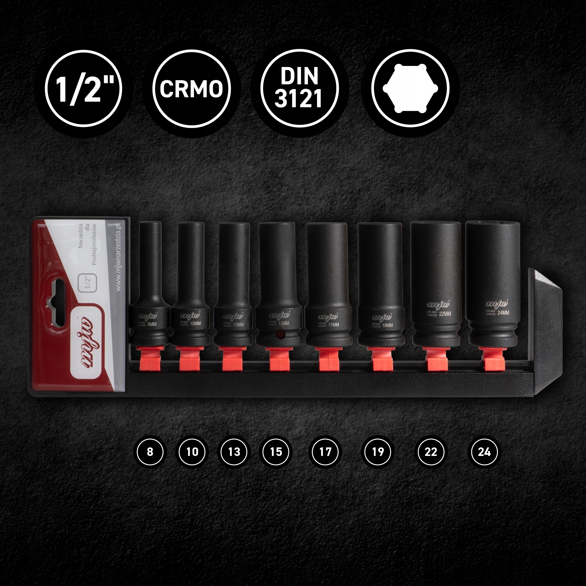 MJW Zestaw nasadek udarowych długich 1/2" 6-kąt Marka MJW