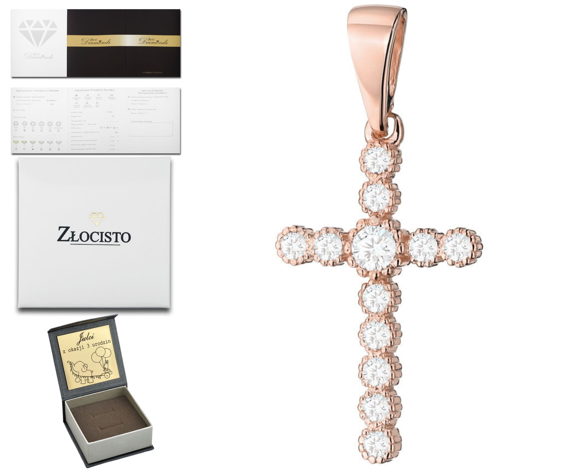 Růžové Zlato Přívěsek Křížek Diamanty Dárek 585 Gravírování
