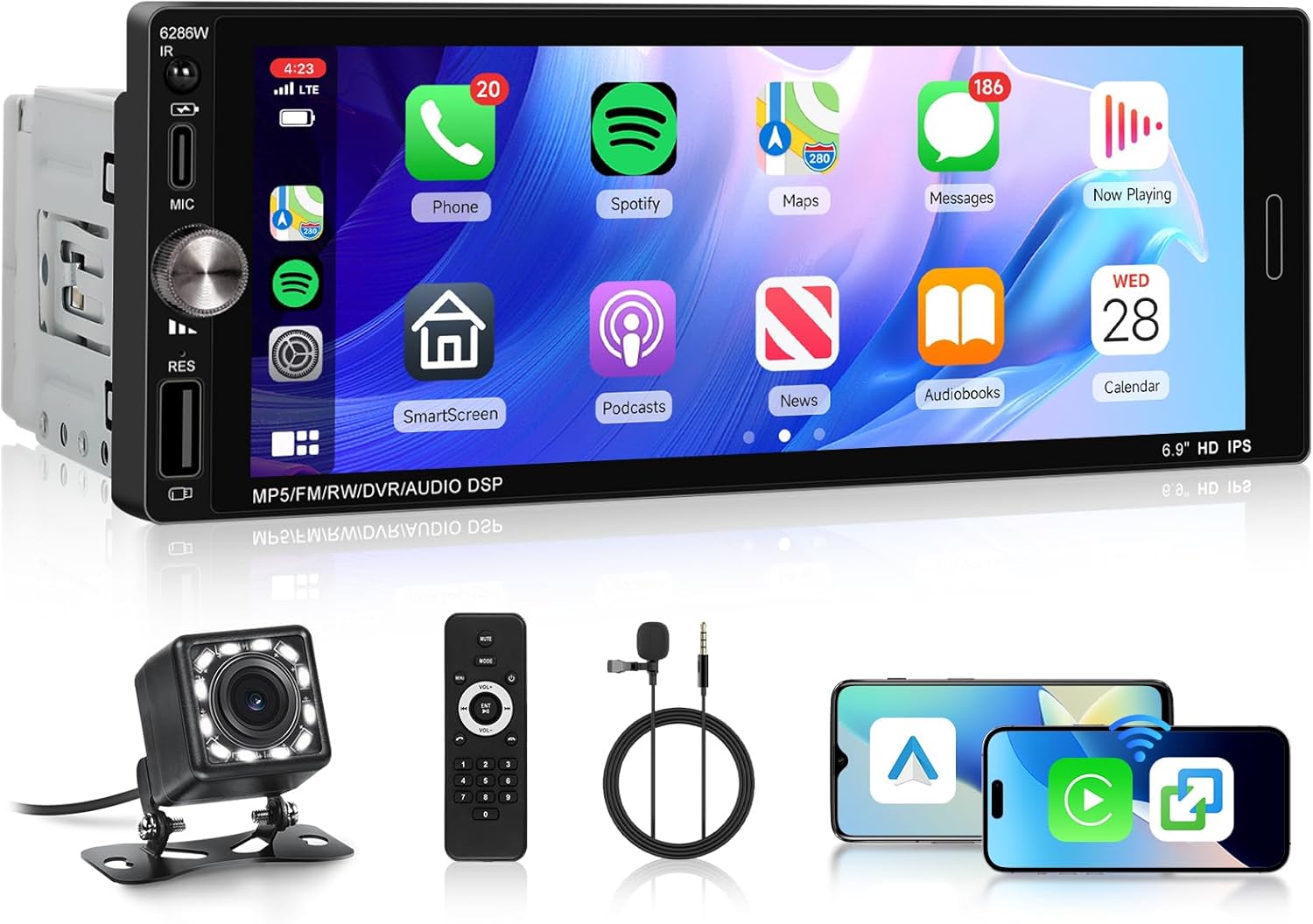 Automobilové Rádio 1-DIN Carplay, Android Auto couvací kamera Bluetooth Gps