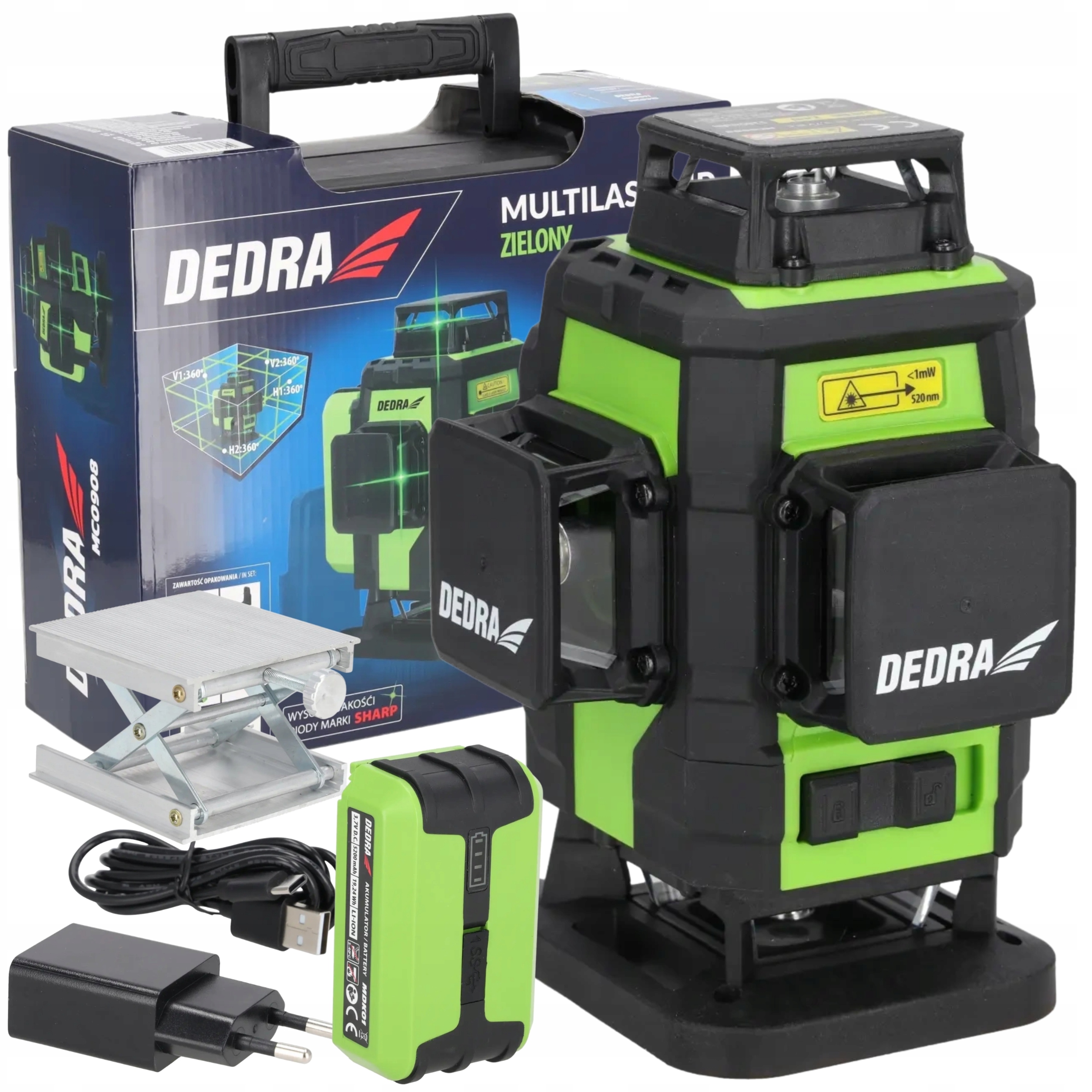 Zielony Laser Krzyżowy Poziomica 360° 30m IP54 5200mAh Walizka Dedra MC0908