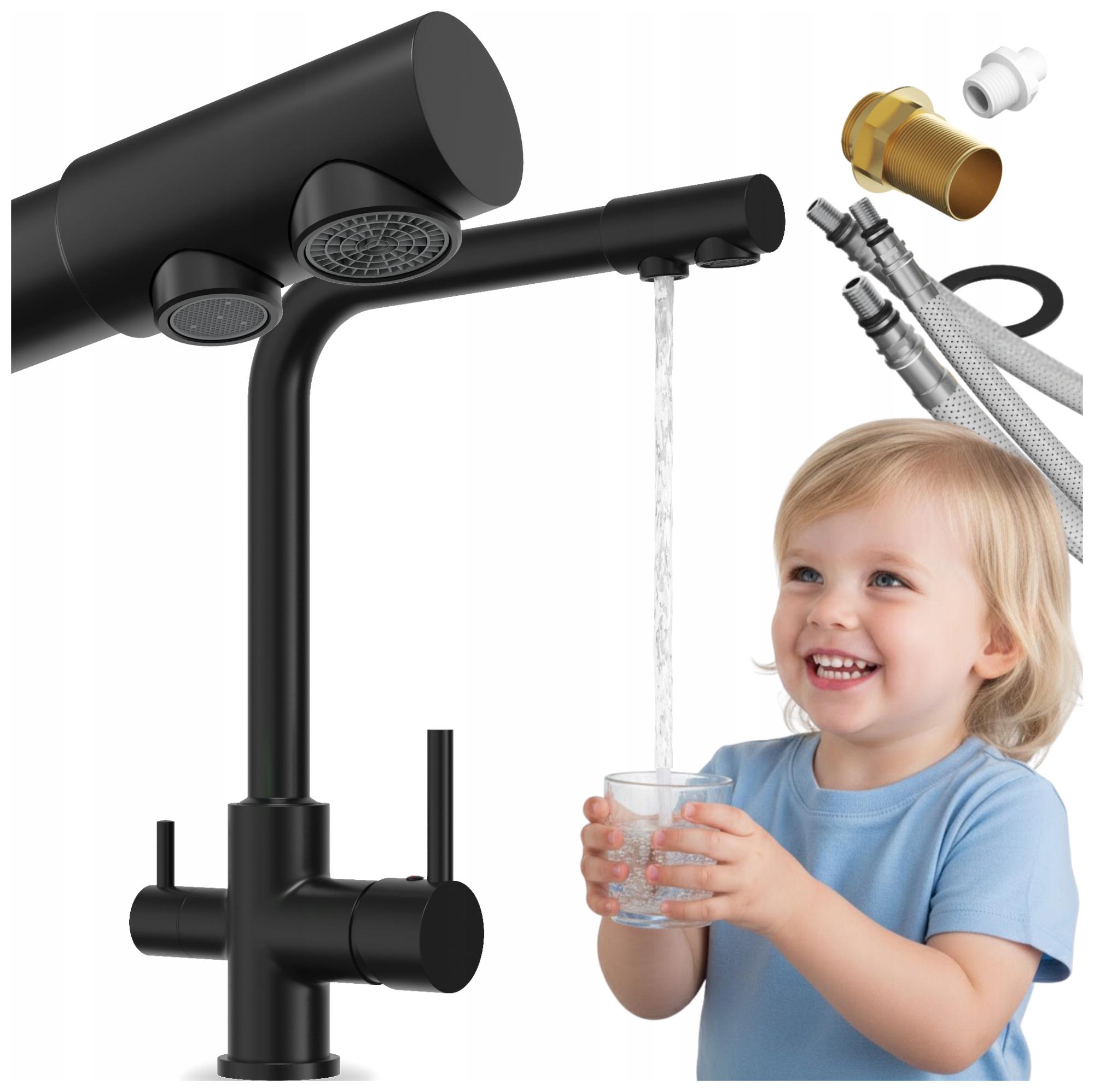 Kuchynská Batéria Trojcestná, kohútik na vodný filter do kuchyne, otočný, čierny Flow