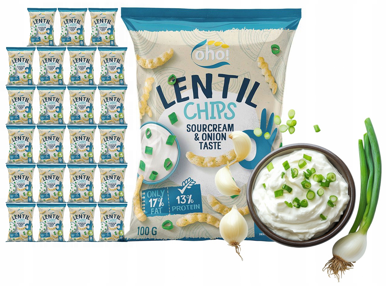 Chipsy Chrupki z Czerwonej Soczewicy o Smaku Śmietany i Cebuli 100g Oho x23