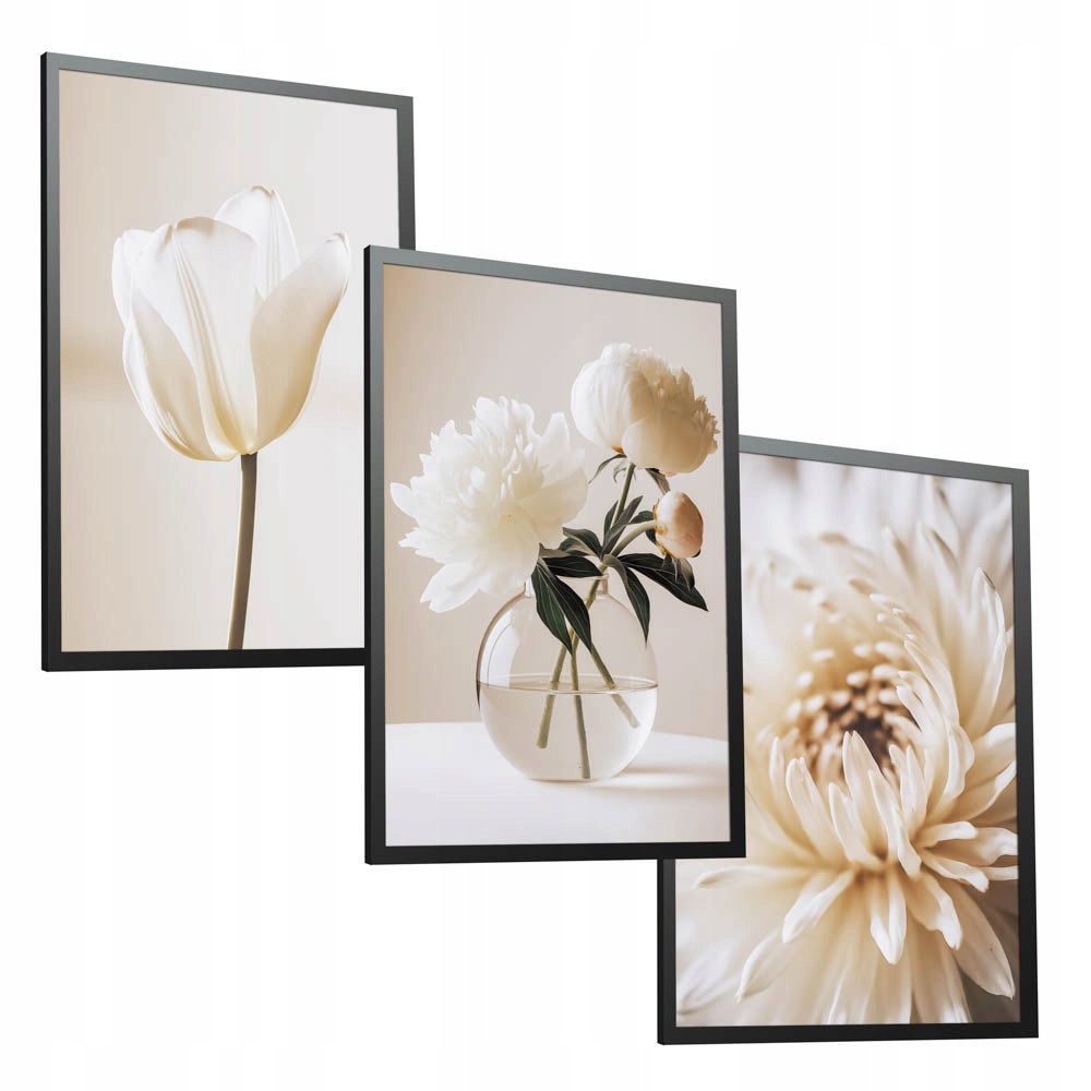Sada obrazů 40x50 Květiny Béžová jiřina tulipán boho přírodní barvy