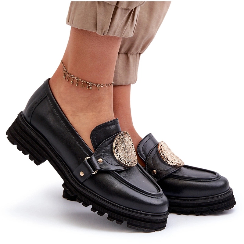 Dámské Mokasíny Se Zlatou Ozdobou Z Přírodní Kůže Zazoo 3485 Černé 36