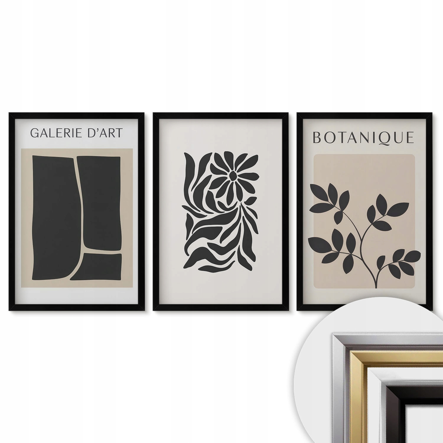 Obrazy v černém rámu Sada 3 kusů 40x60 cm Abstraktní rostlinné vzory