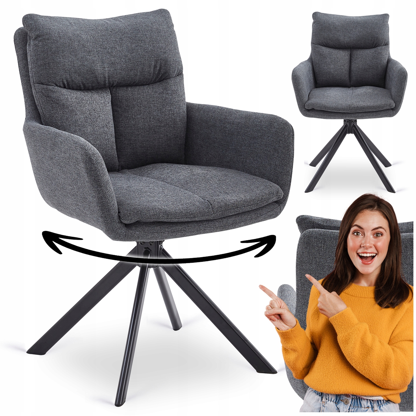 Otočná židle z kelímků, čalouněná do jídelny v obývacím pokoji, tmavě šedá Paul