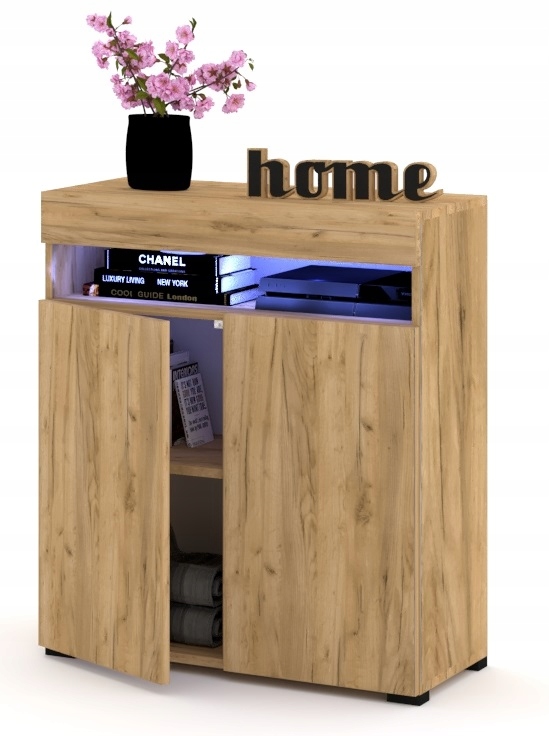 Velká komoda Vitrína Luna 2D Dub Zlatý Craft Led