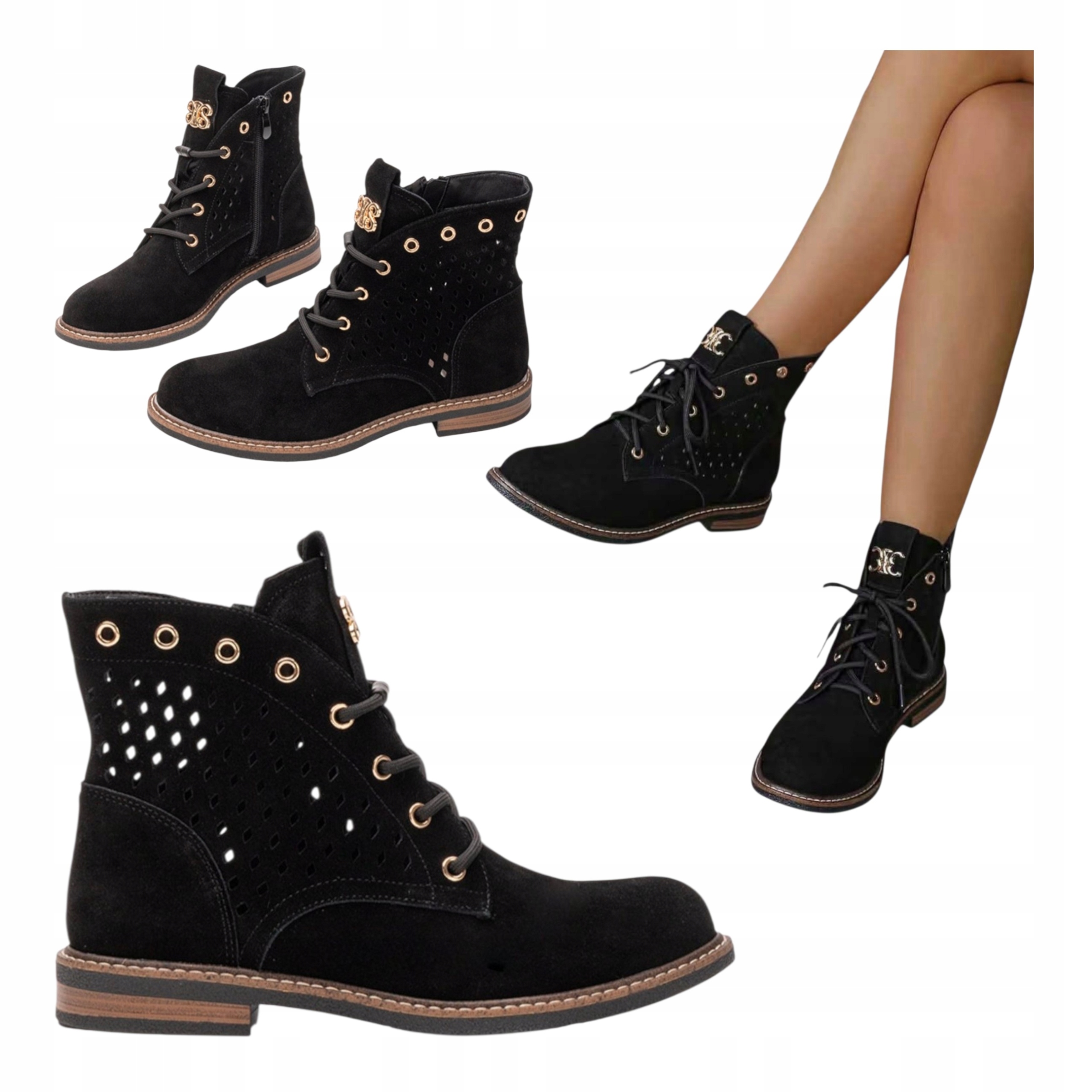 Dámské Kotníkové Boty Ažurové na plochém podpatku Kožené Semišové Letní Černé 36