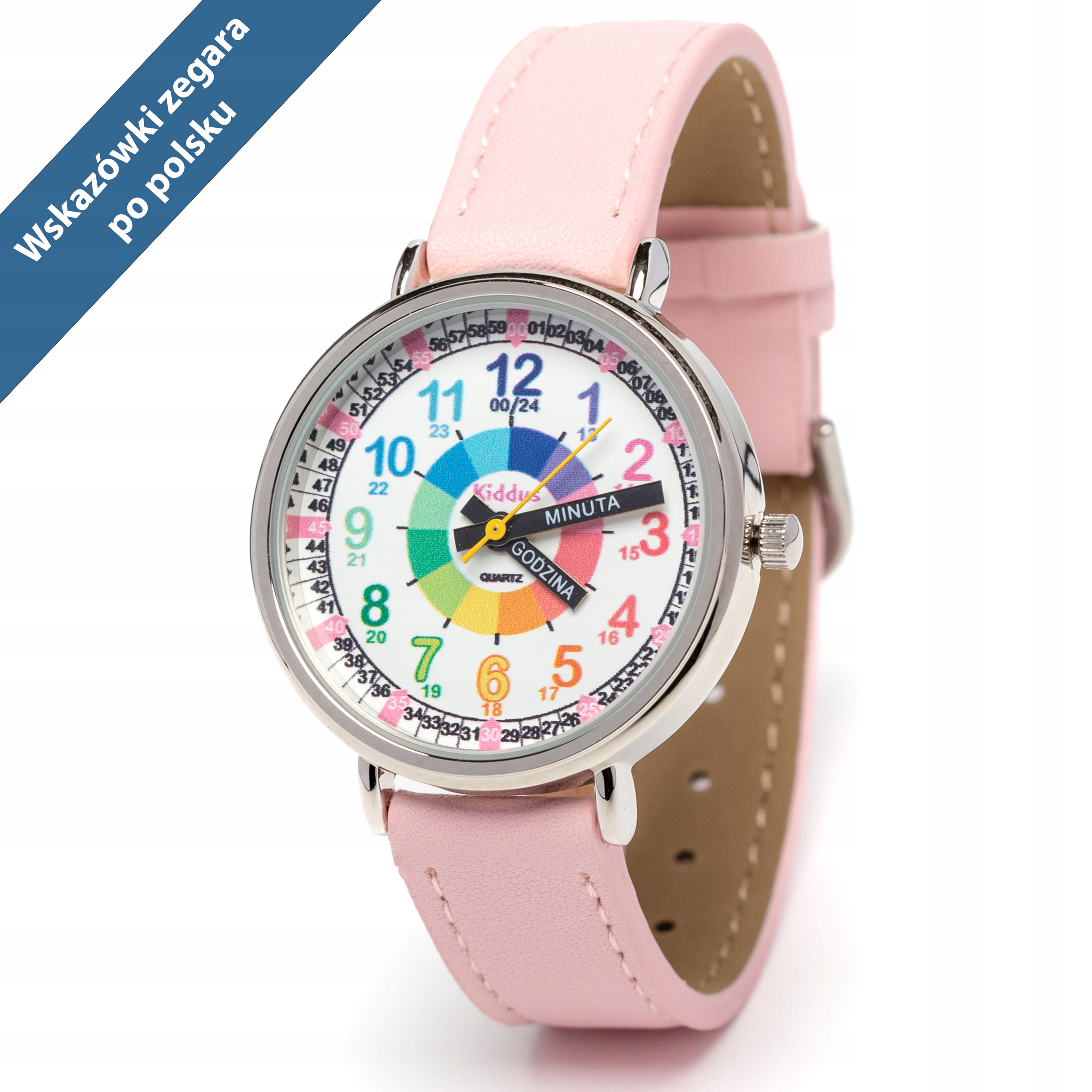 Kiddus dětské hodinky pro výuku času Polština Pu Růžové