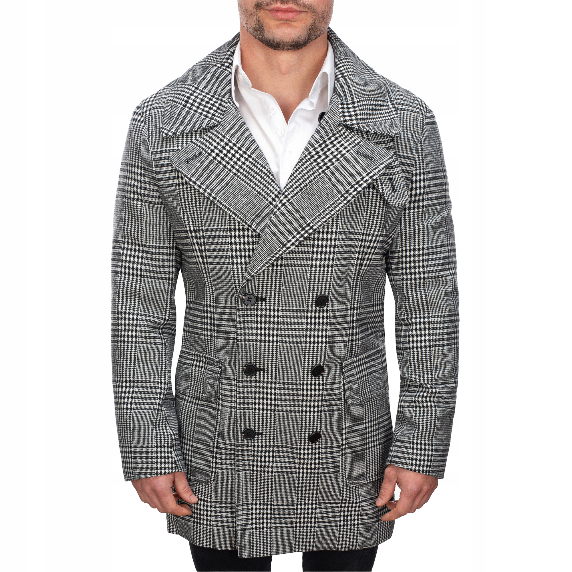 JP1192 vel. L Elegantní Dvouřadý Pánský Zateplený Kabát