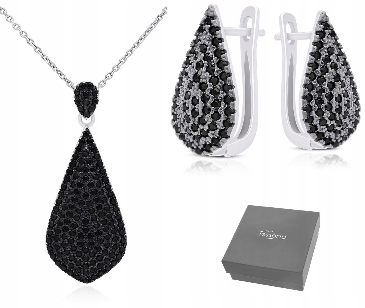 Komplet Stříbrných Dámských Šperků Náušnice Náhrdelník Černé Zirkony 925