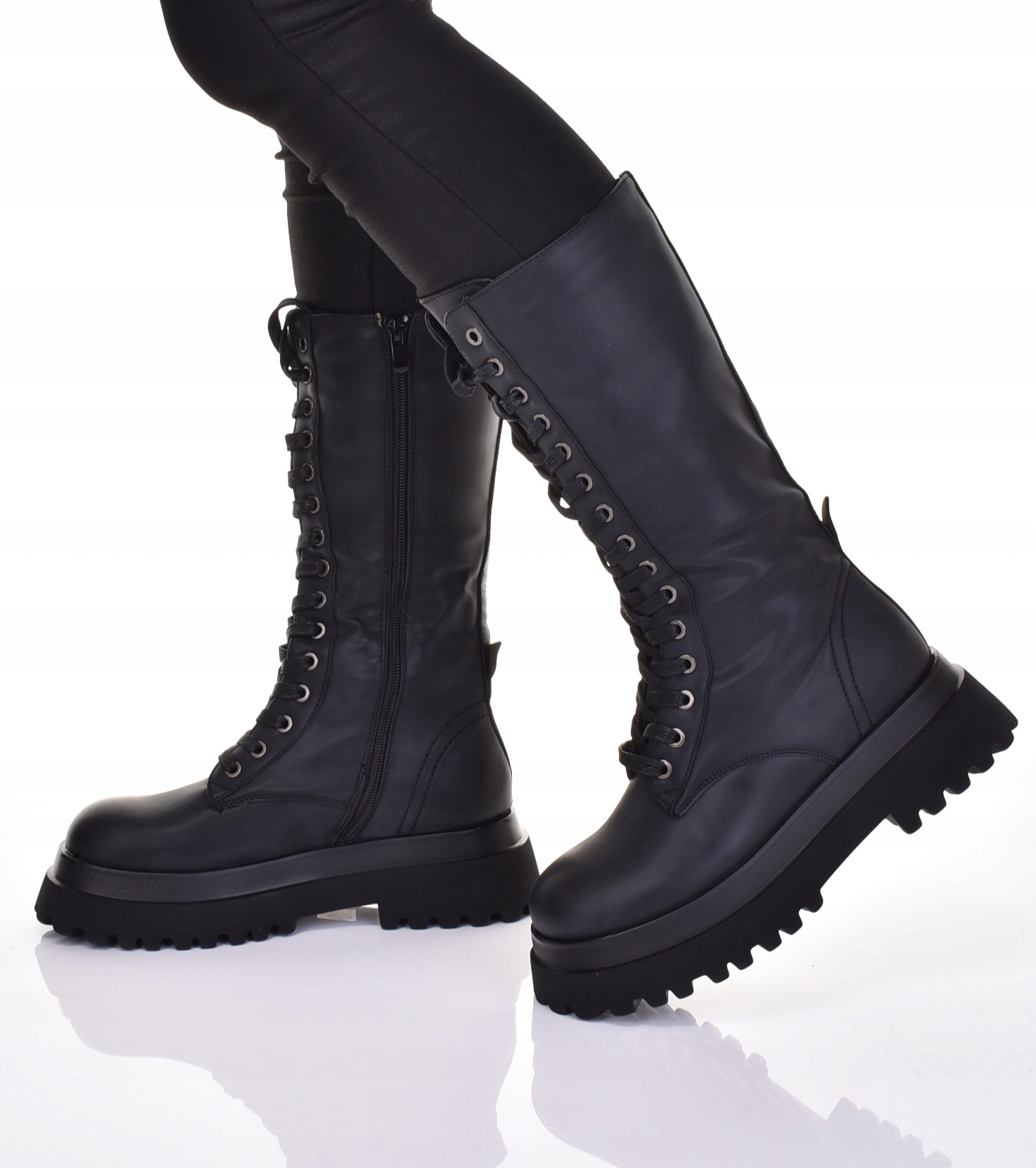 MODNE KOZAKI DAMSKIE SKÓRZANE BUTY WYSOKIE NA PLATFORMIE OCIEPLANE Rozmiar 39