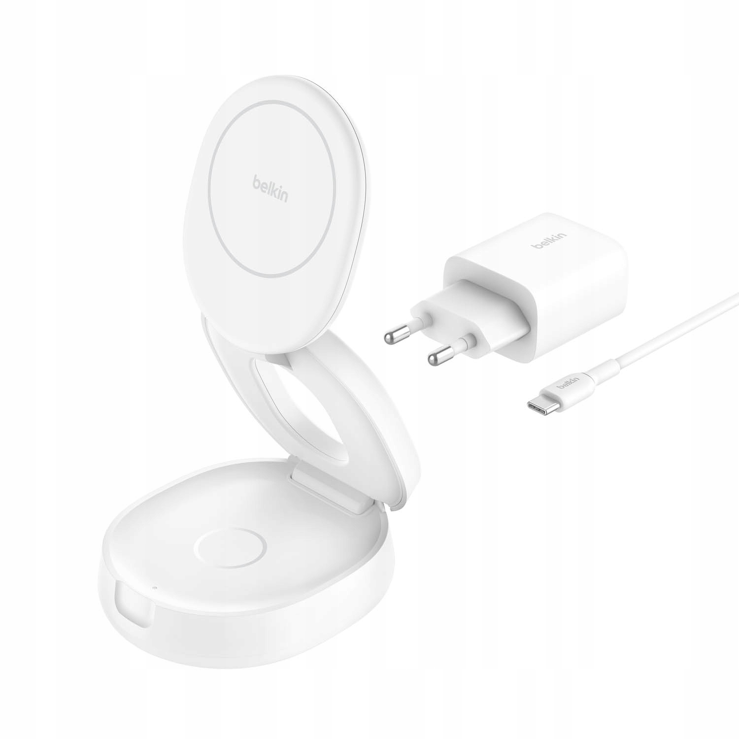 Belkin Magnetická nabíječka 2v1, skládací, Qi2 15W, napájecí zdroj 30W, bílá