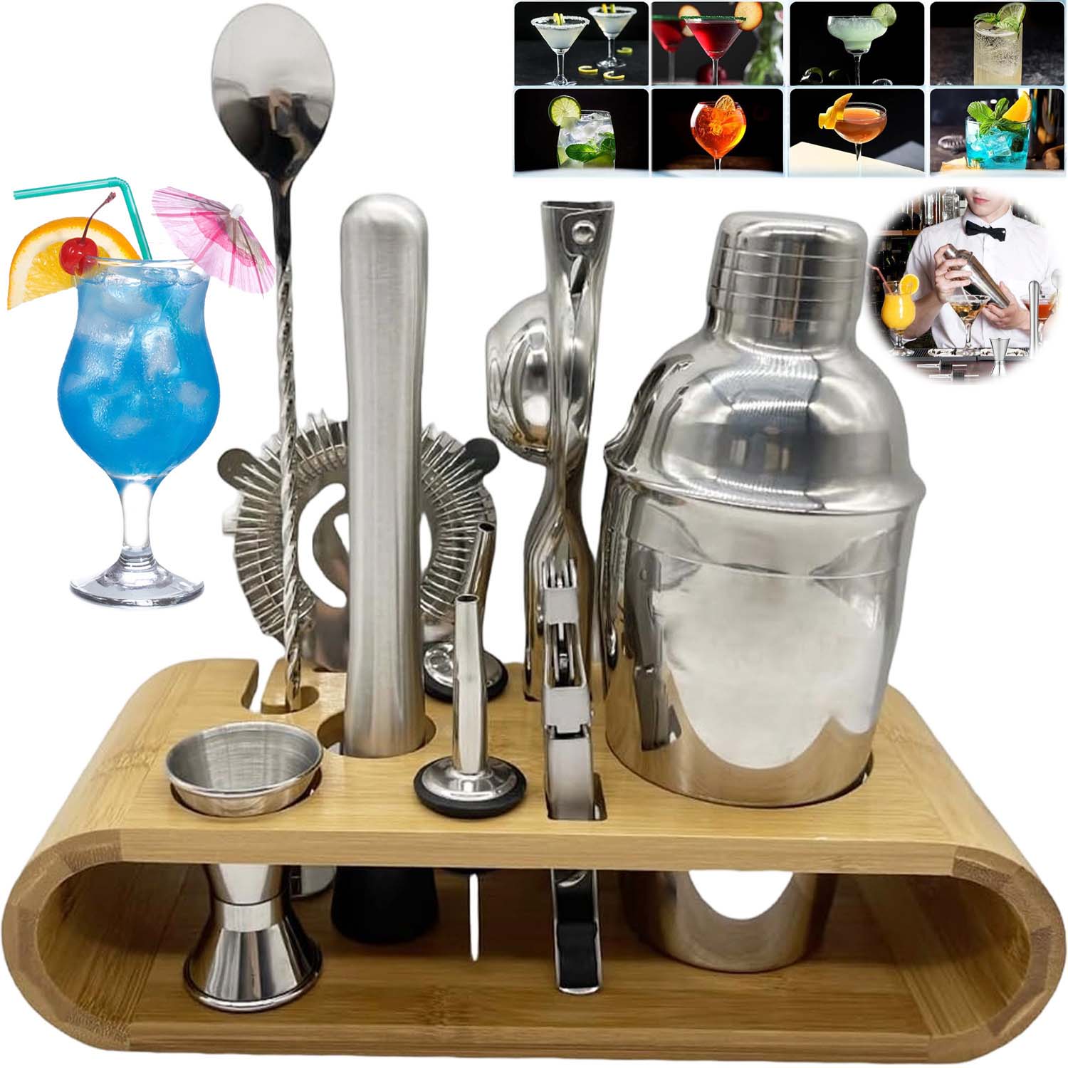 Barmanská Sada Na Drinky Koktejly Shaker Odměrka Lžíce Muddler Ocel 10DÍLNÁ