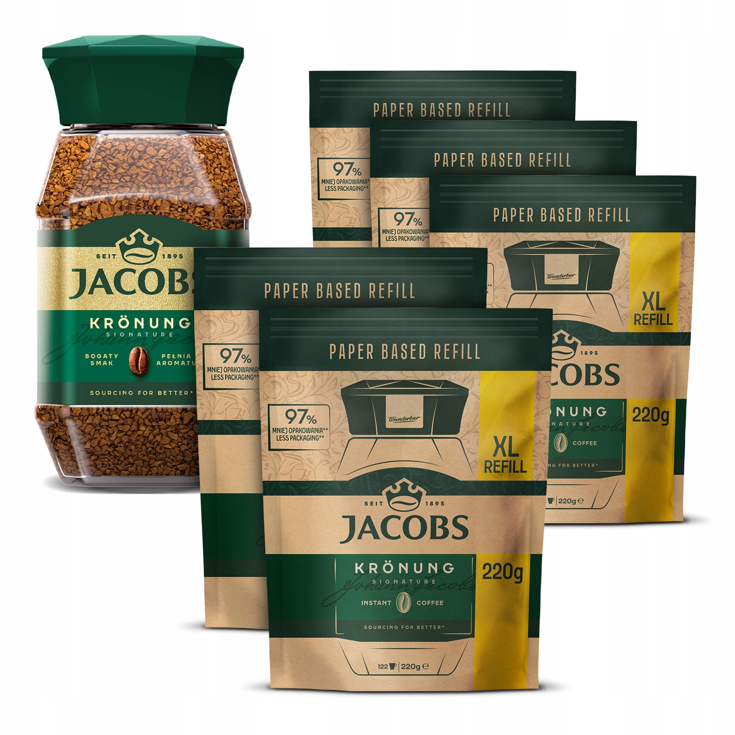 Zestaw kawa rozpuszczalna Jacobs Krönung 200 g refill XL zapas 5x 220g