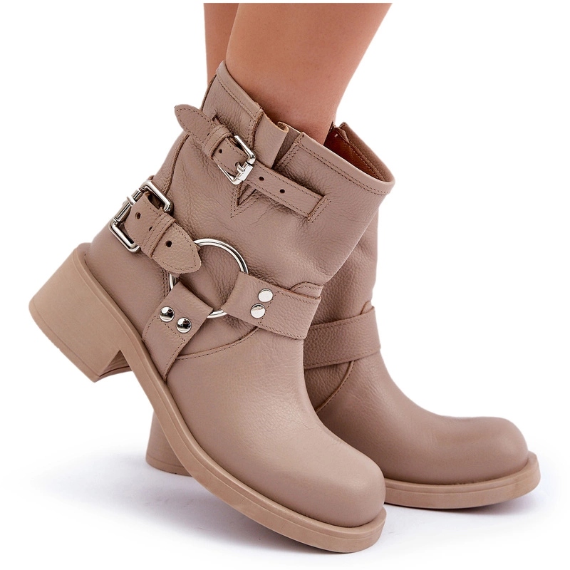 Kotníkové Boty Přírodní Kůže Nízký Podpatek Kostka Pruhy Zazoo 3644 Béžová 37