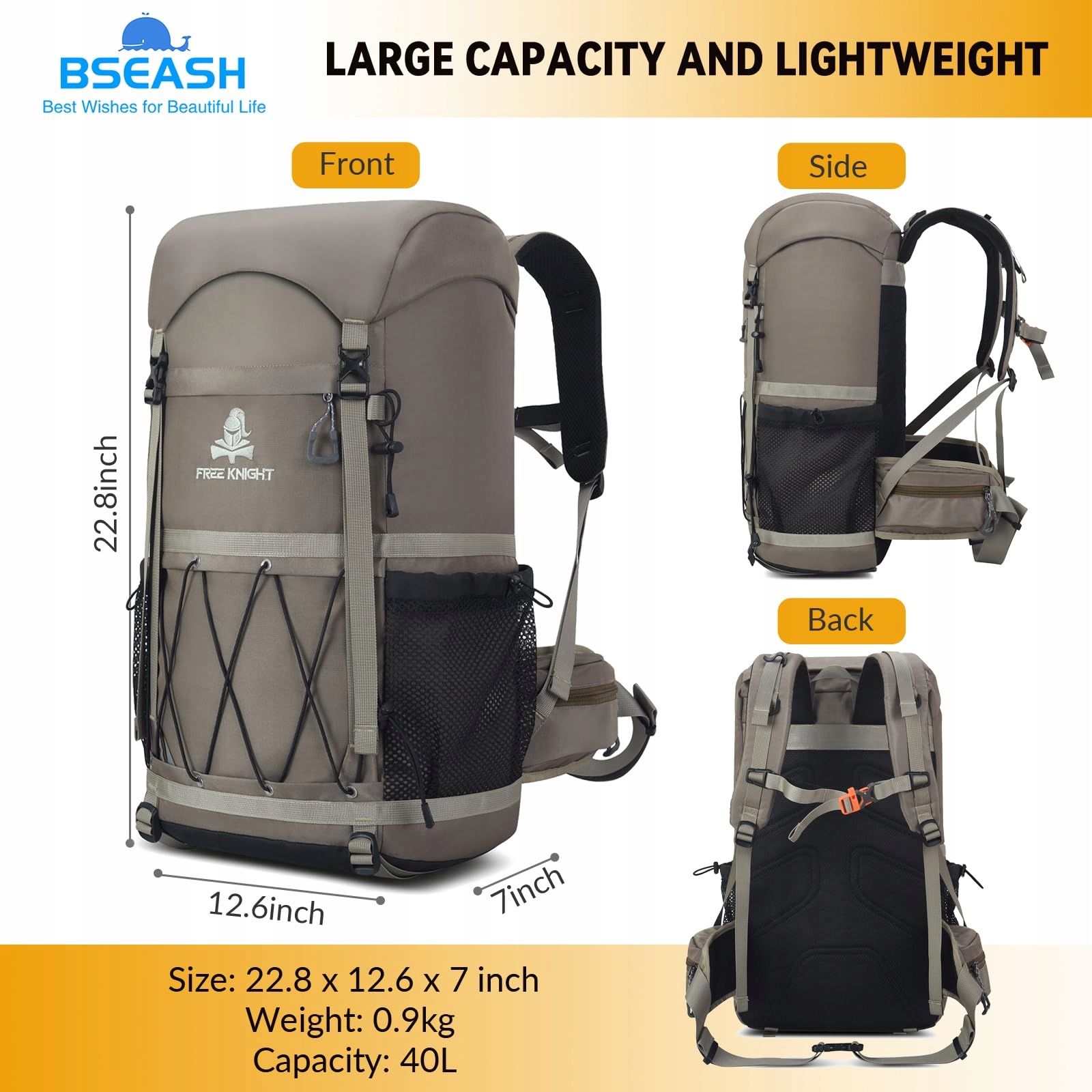 BSEASH Plecak Turystyczny 40L Wodoodporny Lekki Na Camping Wędrówki Rower — miniatura 2