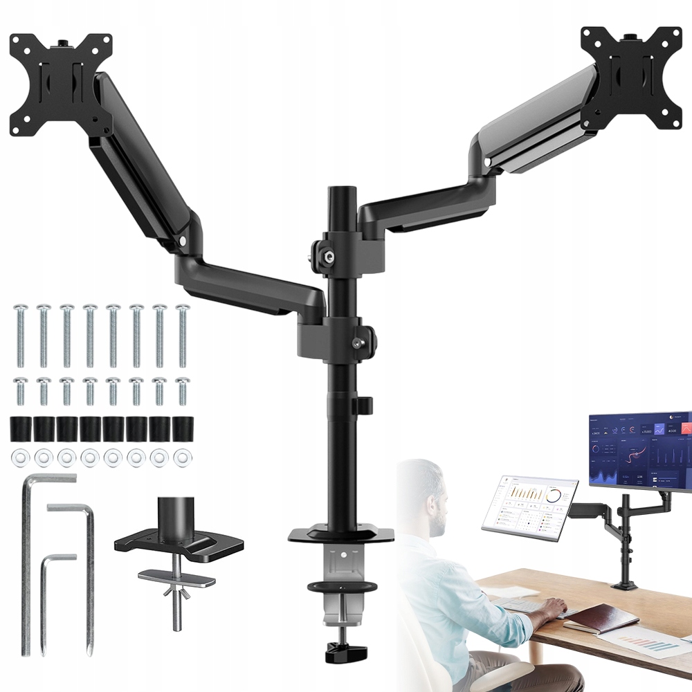Profesionální držák pro dva monitory Výškově nastavitelný Kompatibilní s Vesa