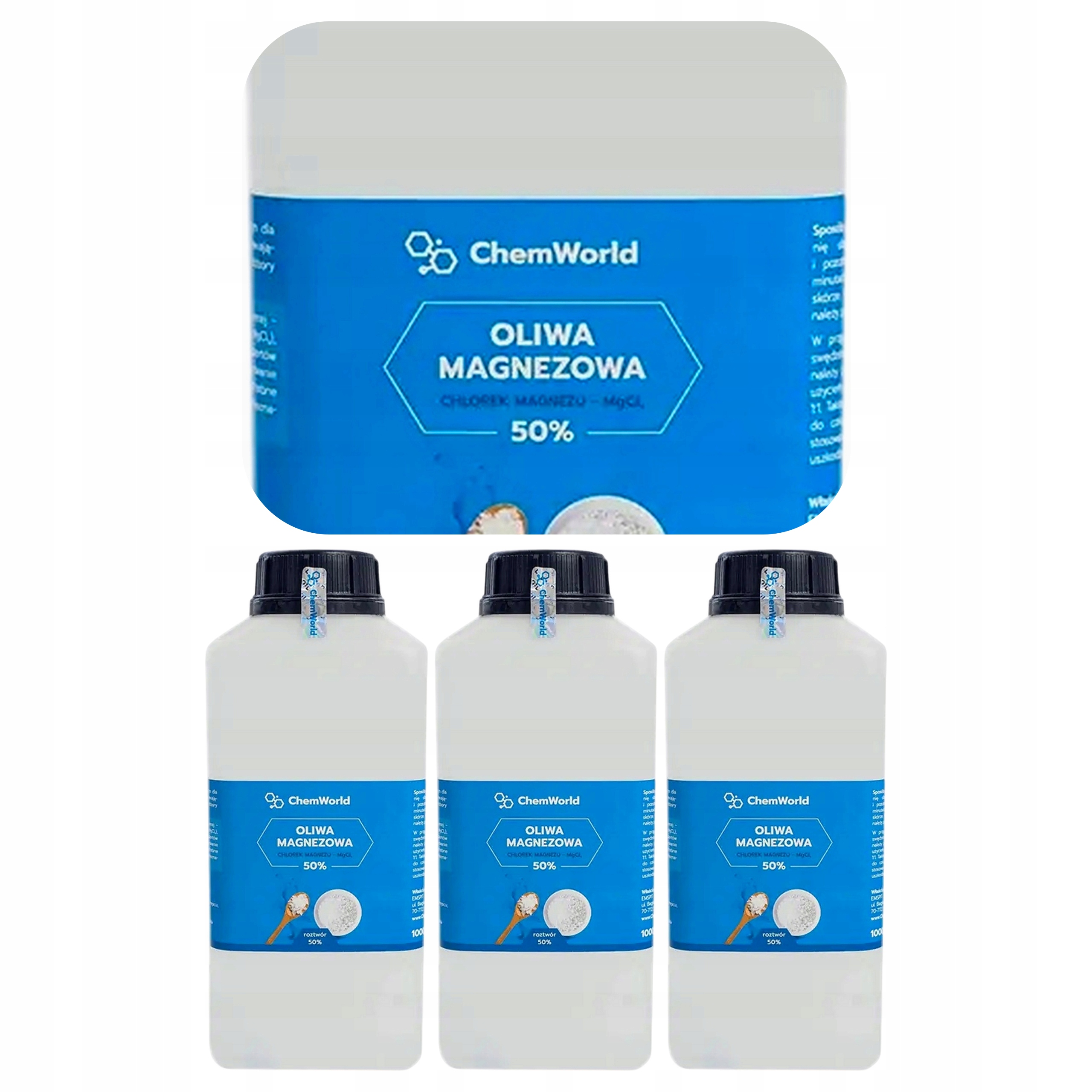 3x Roztwór Wodny 50% Chemworld Oliwa Magnezowa Chlorek MgCl2 1000 ml Hdpe