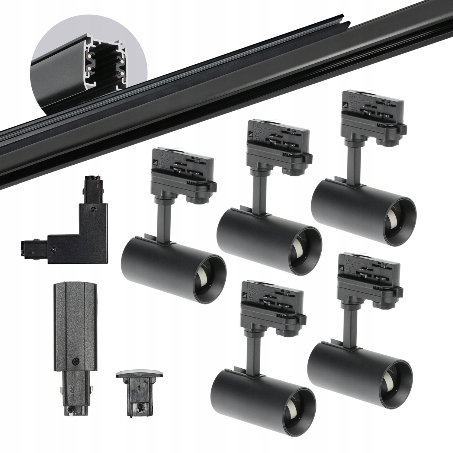 3-fázový kolejnicový set 5xLampa GU10 kolejnice 1 m kolejnice 2 m spojka L Černá