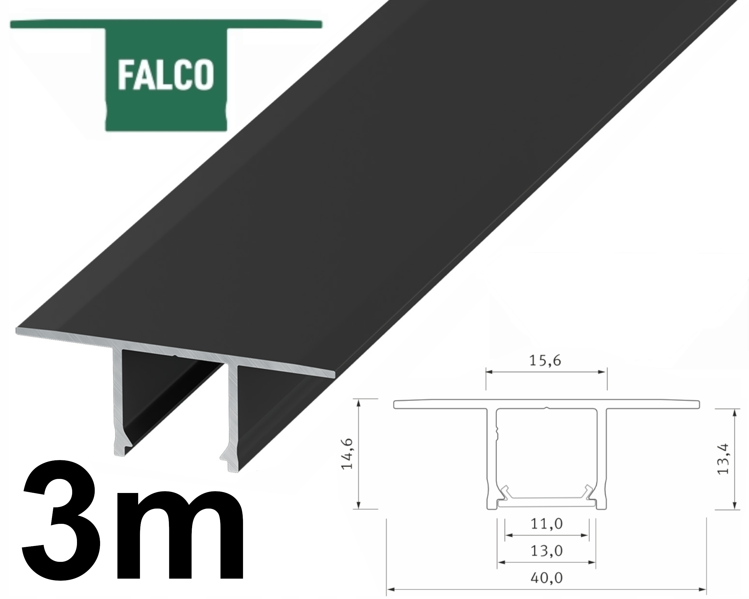 PROFIL LED GK DO PŁYT GIPS KARTON TYP FALCO CZARNY 3M ALU WPUSZCZANY