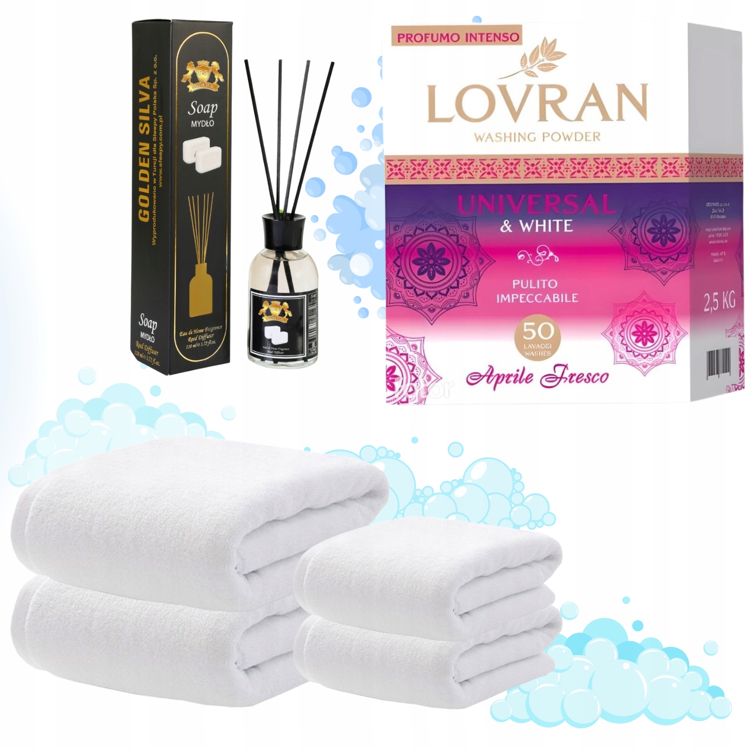 Levně Sada Do Koupele „total White“ 4X Hotelové Ručníky Prášek 2.5 Kg Vůně