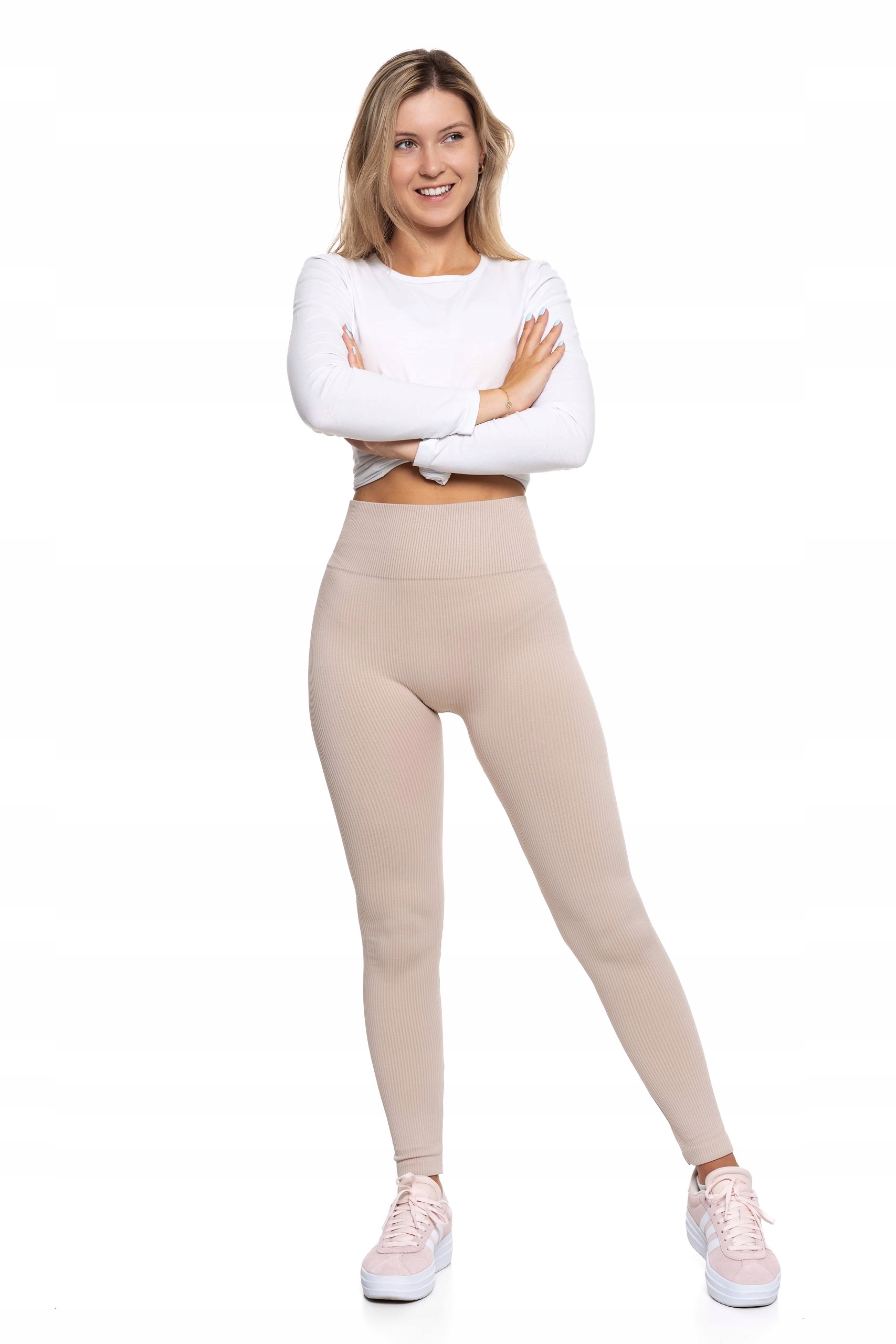 LEGGINSY DAMSKIE MORAJ Z WYSOKIM STANEM PRĄŻKOWANE WYGODNE BEŻOWE S/M Rozmiar S/M