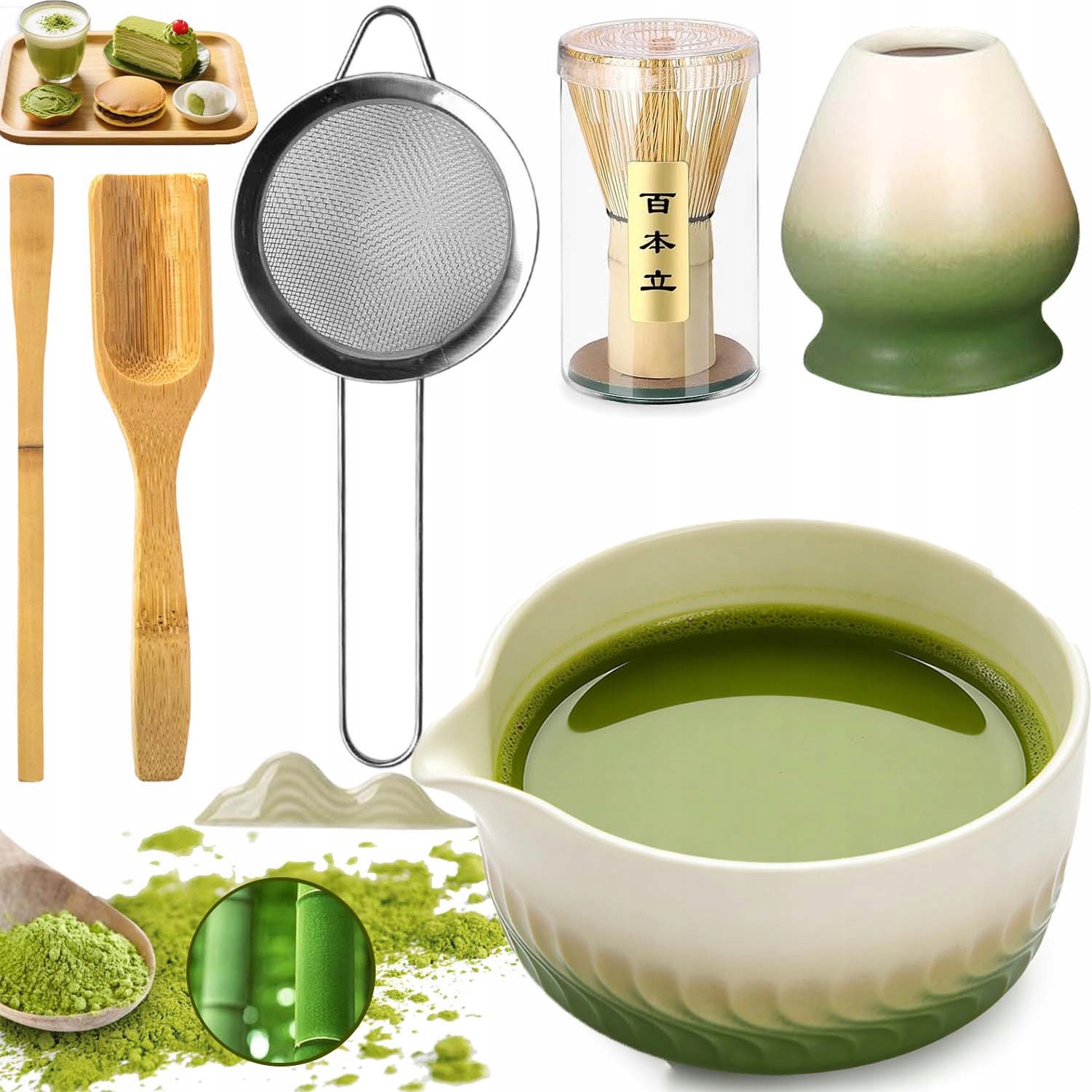 Zestaw Prezentowy Do Herbaty Matcha Czarka Miotełka Podstawka Łyżeczka 7W1