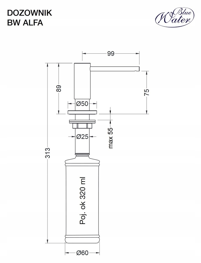 Dozownik płynu do naczyń Blue Water ALFA Czarny Mat 320 ml Marka Blue Water