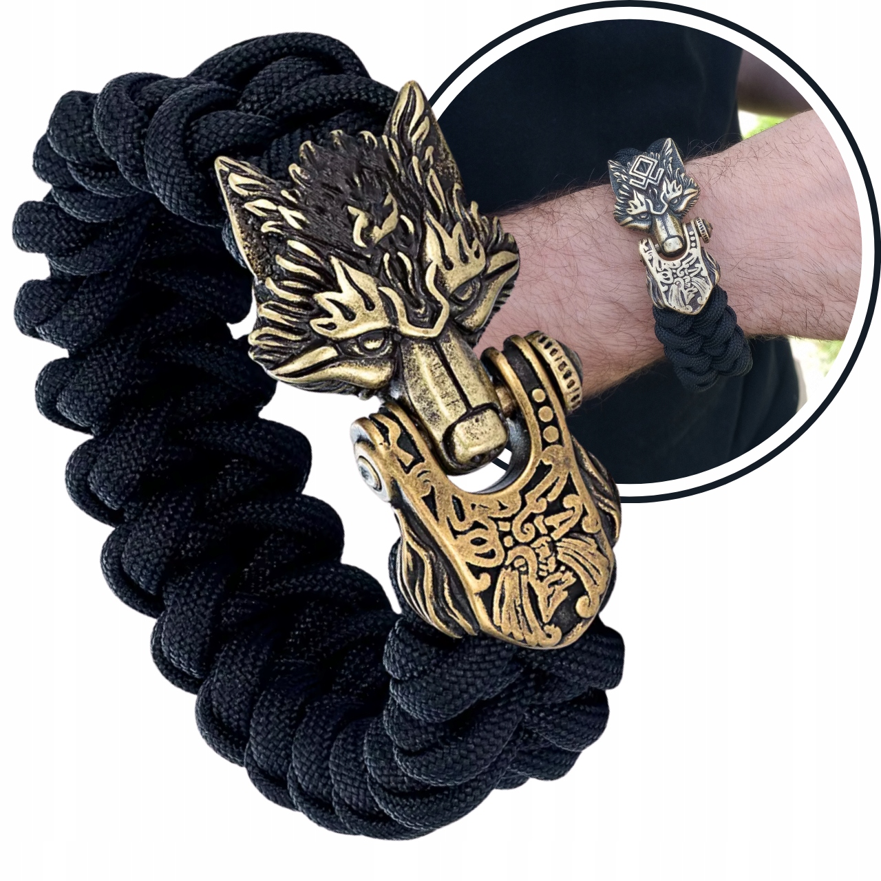 Pánský elegantní Dárek Pánský Náramek pletený paracord Vlk Viking Černý