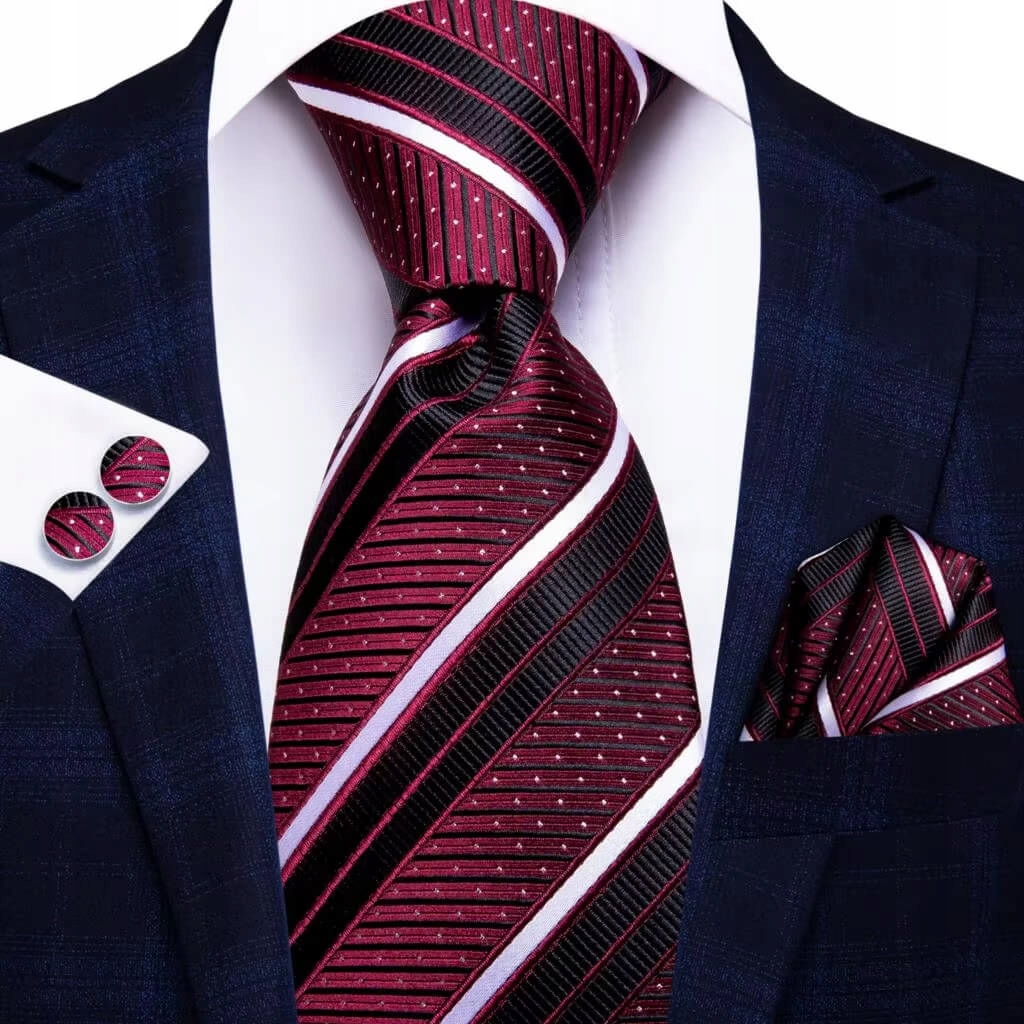 Hedvábná Žakárová Sada Kravata Manžetové Knoflíčky Kapesníček Bordó Proužky