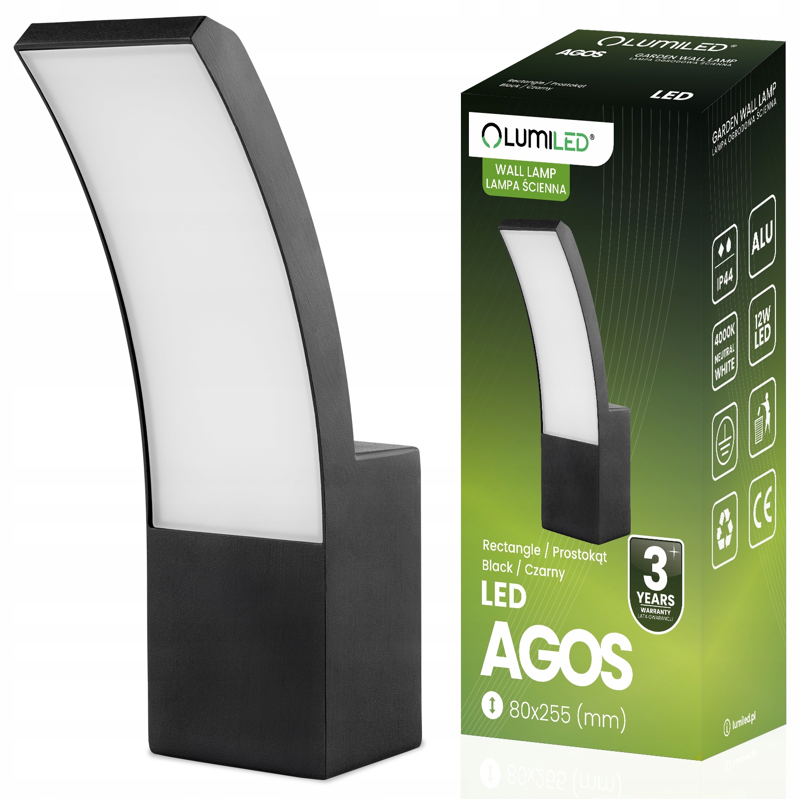 SVETILKA ELEWACYJNA LED ZEWNĘTRZNA ŚCIENNA BLACK KINKIET OGRODOWY 12W IP44