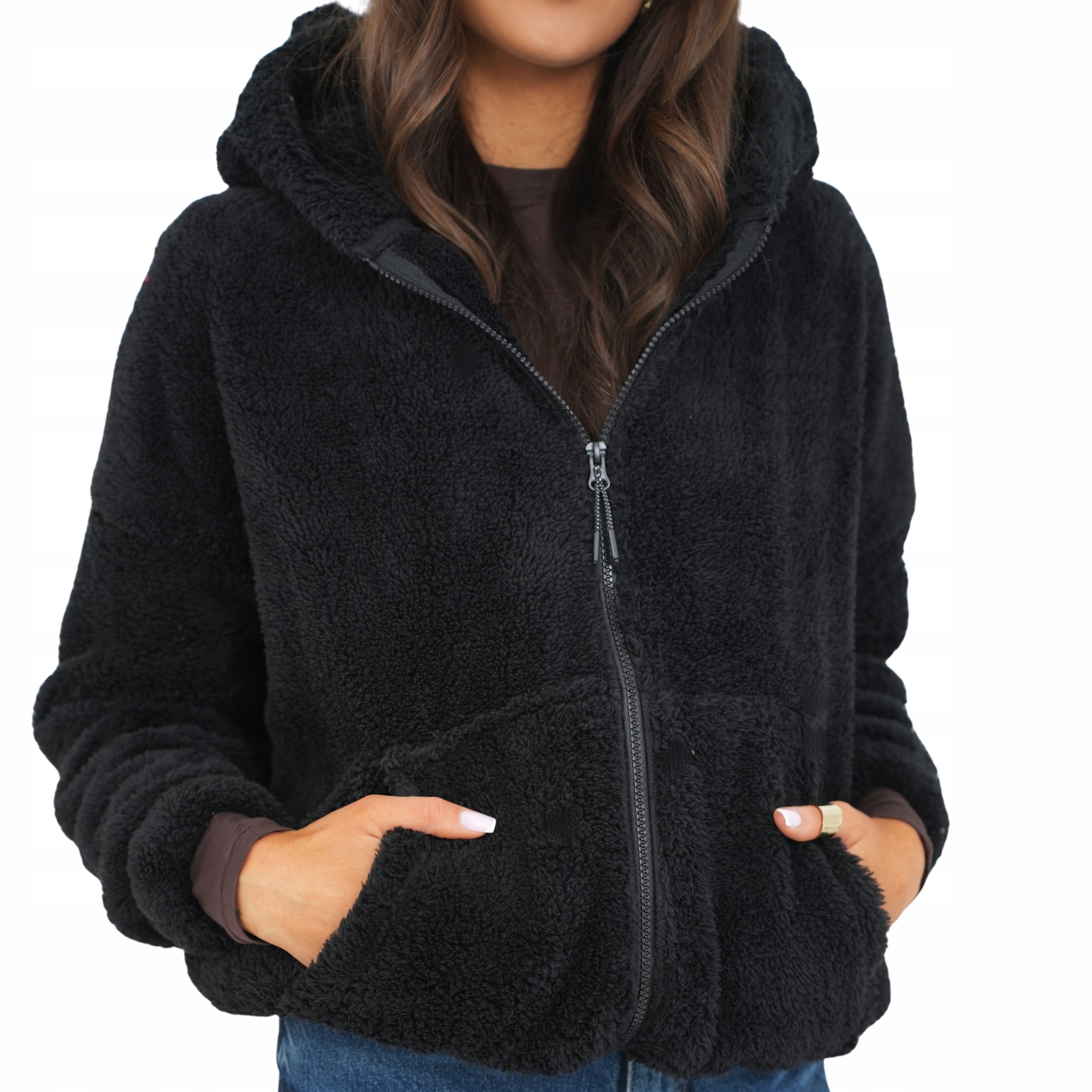 Rozpinana Bluza Damska Luźna Z Kapturem Uszka Plusz Teddy czarny M L