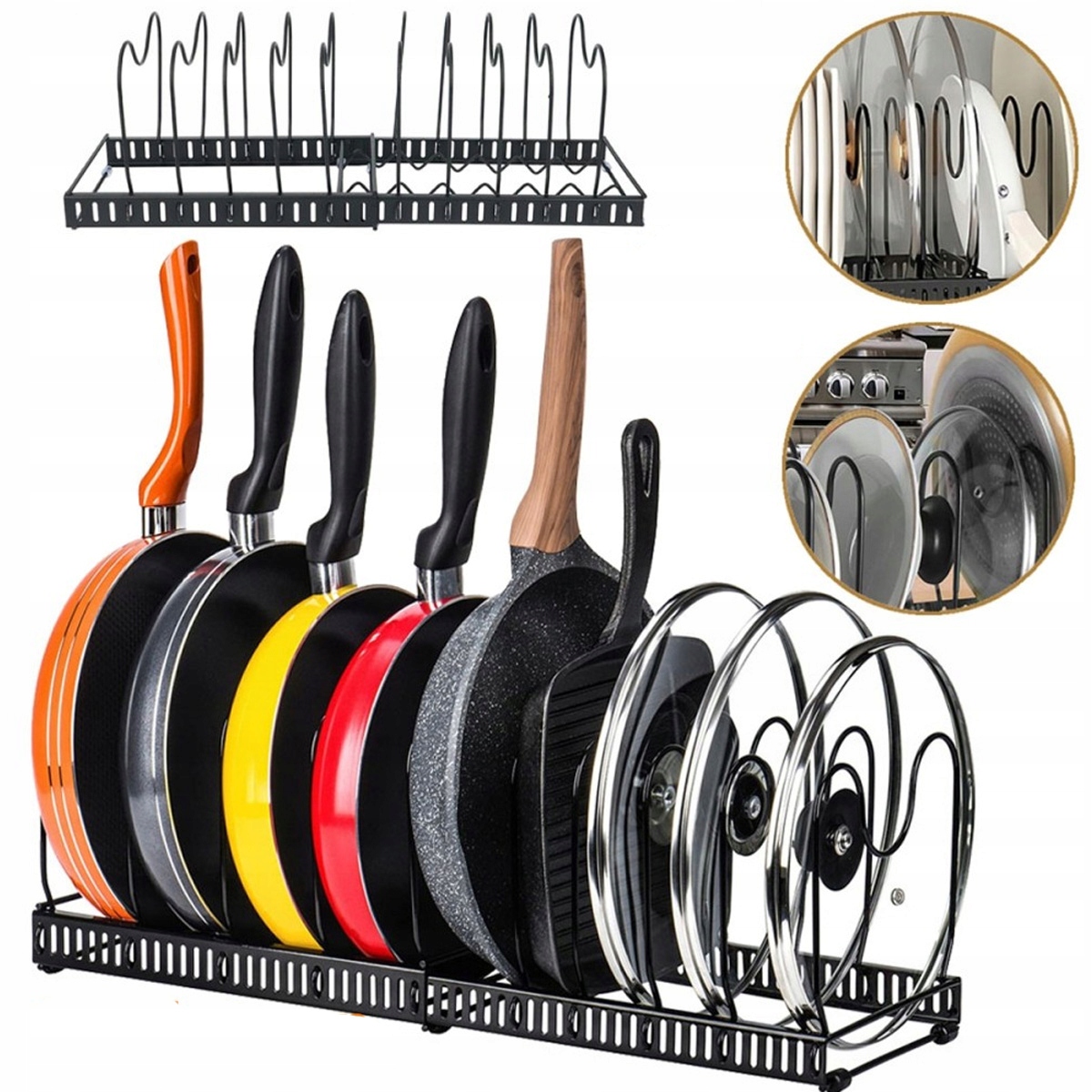 Levně Stojan na pokličky, talíře, kuchyňský organizér do zásuvky skříňky, černý