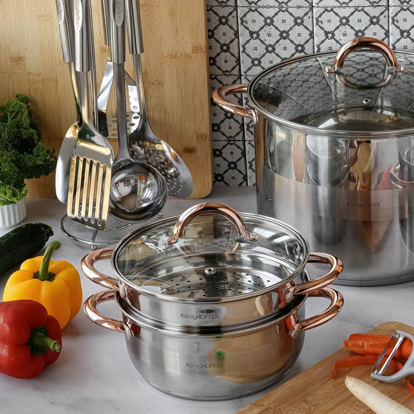 Nierdzewny GARNEK DO GOTOWANIA NA PARZE 2,9L ZDROWE GOTOWANIE Faro Copper Marka Konighoffer