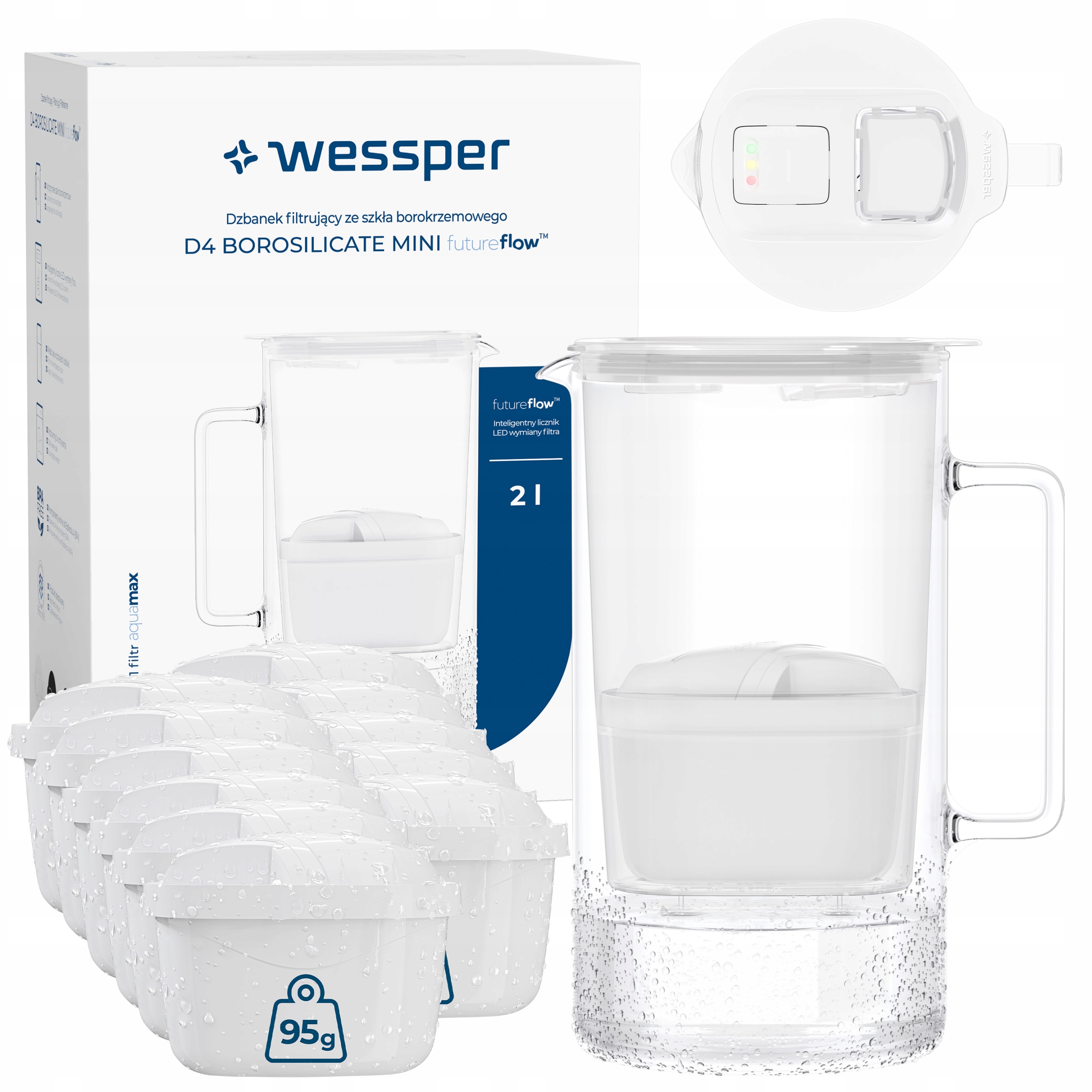 Szklany dzbanek filtrujący Wessper D4 Borosilicate Mini 2l 12x filtr