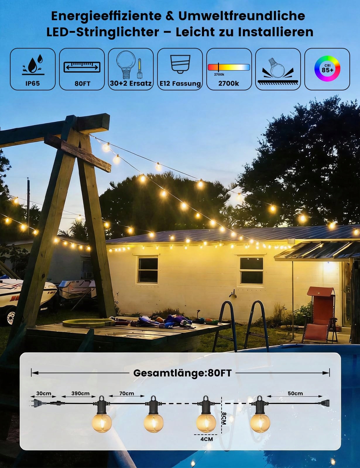 ZOTOYI Girlanda Świetlna 80FT IP65 Wodoodporna 32 Lampy LED Ciepły Biały — miniatura 5