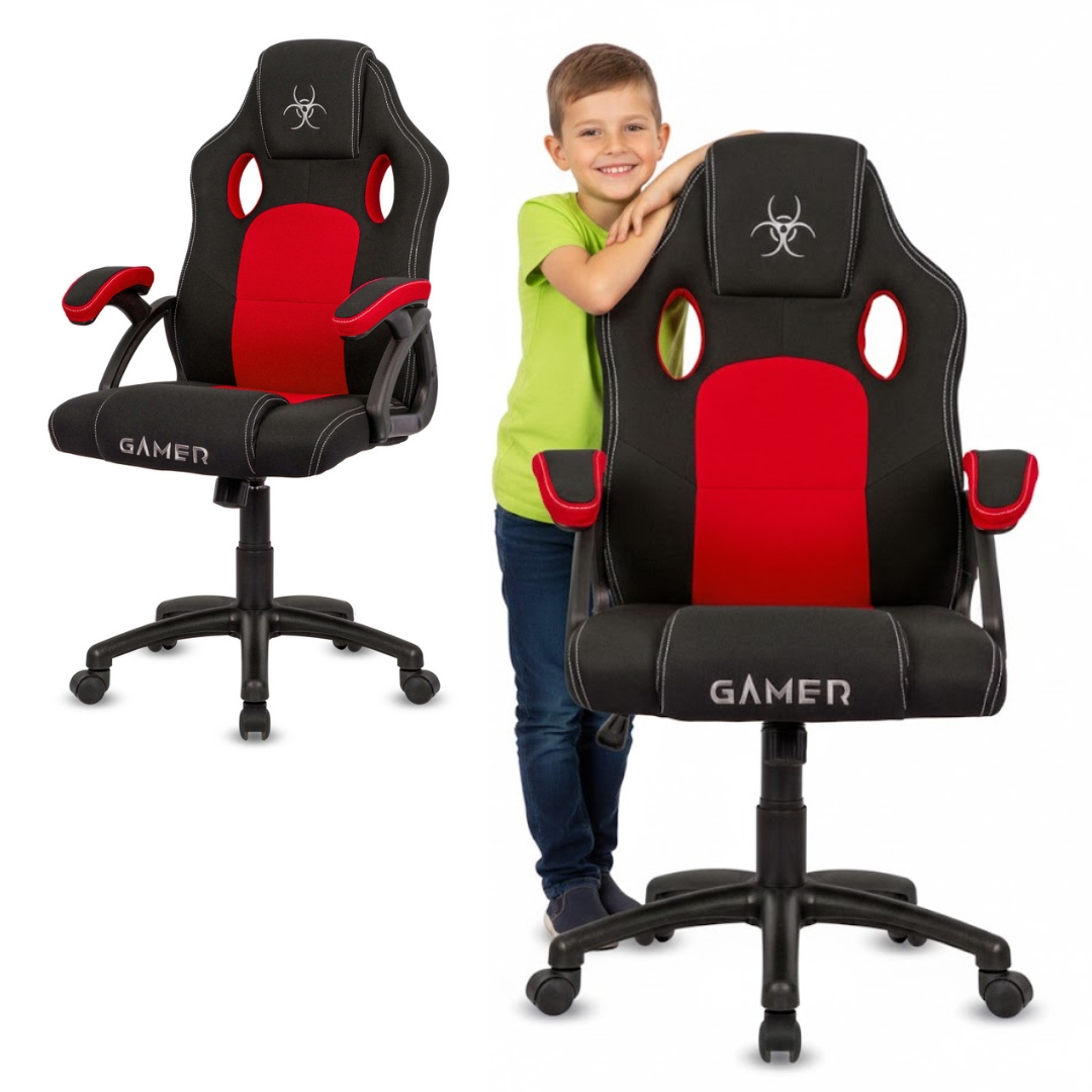 Fotel gamingowy obrotowy gracza tkanina czerwony krzesło do biurka ucznia