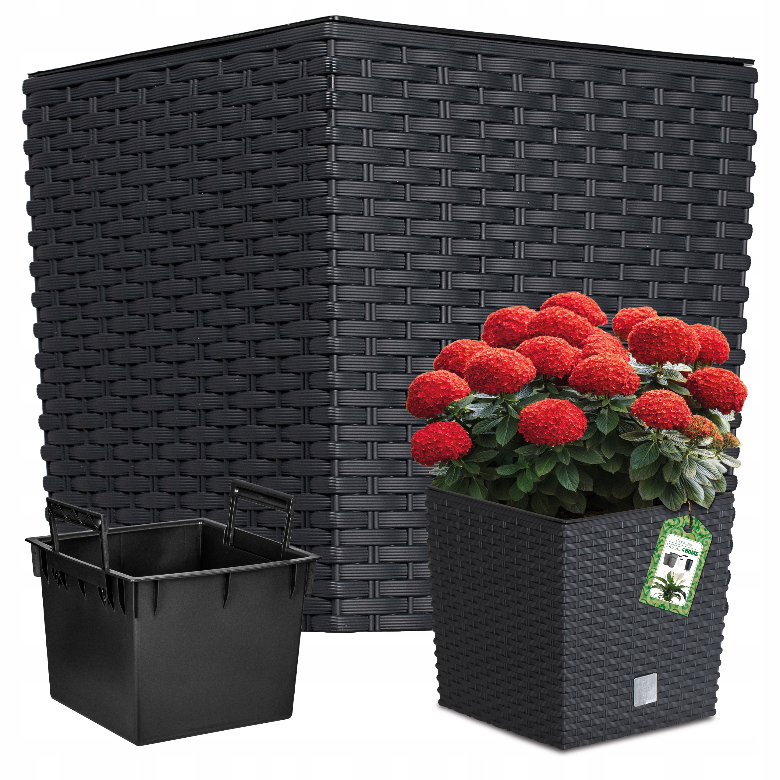 Doniczka Donica Ogrodowa Rattan Antracyt Kwietnik Stojący 39x39cm Wkład