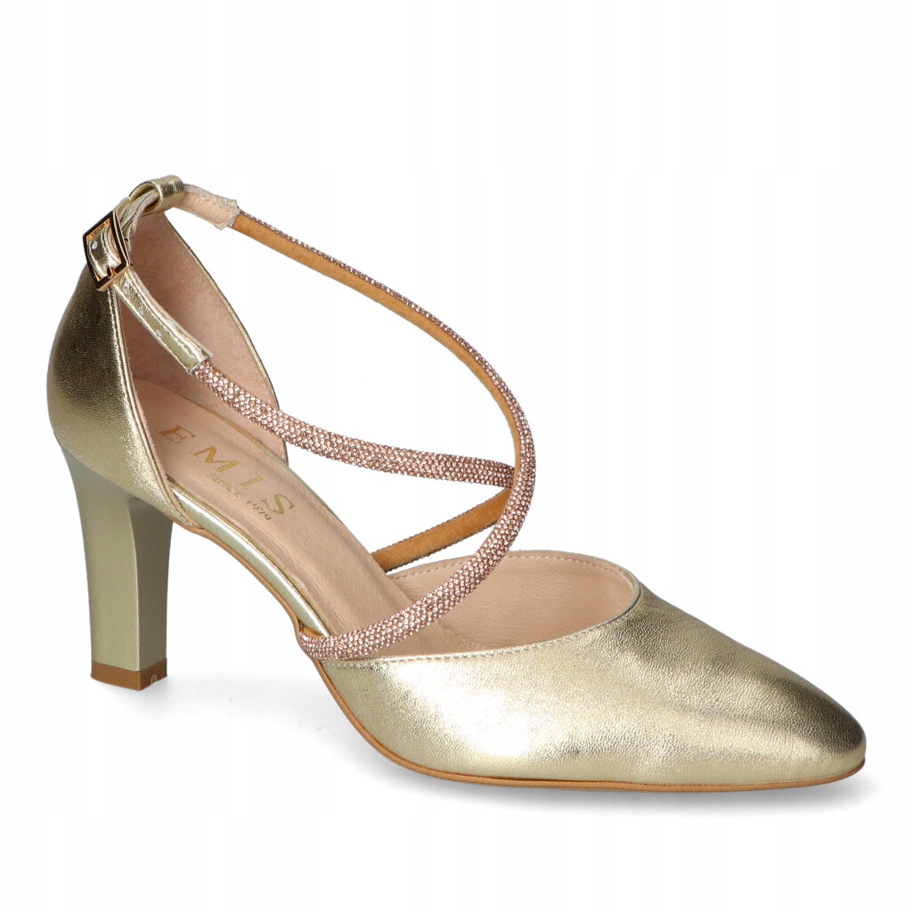 Dámské lodičky na podpatku Emis Zlaté ozdobné pásky Přírodní kůže 38
